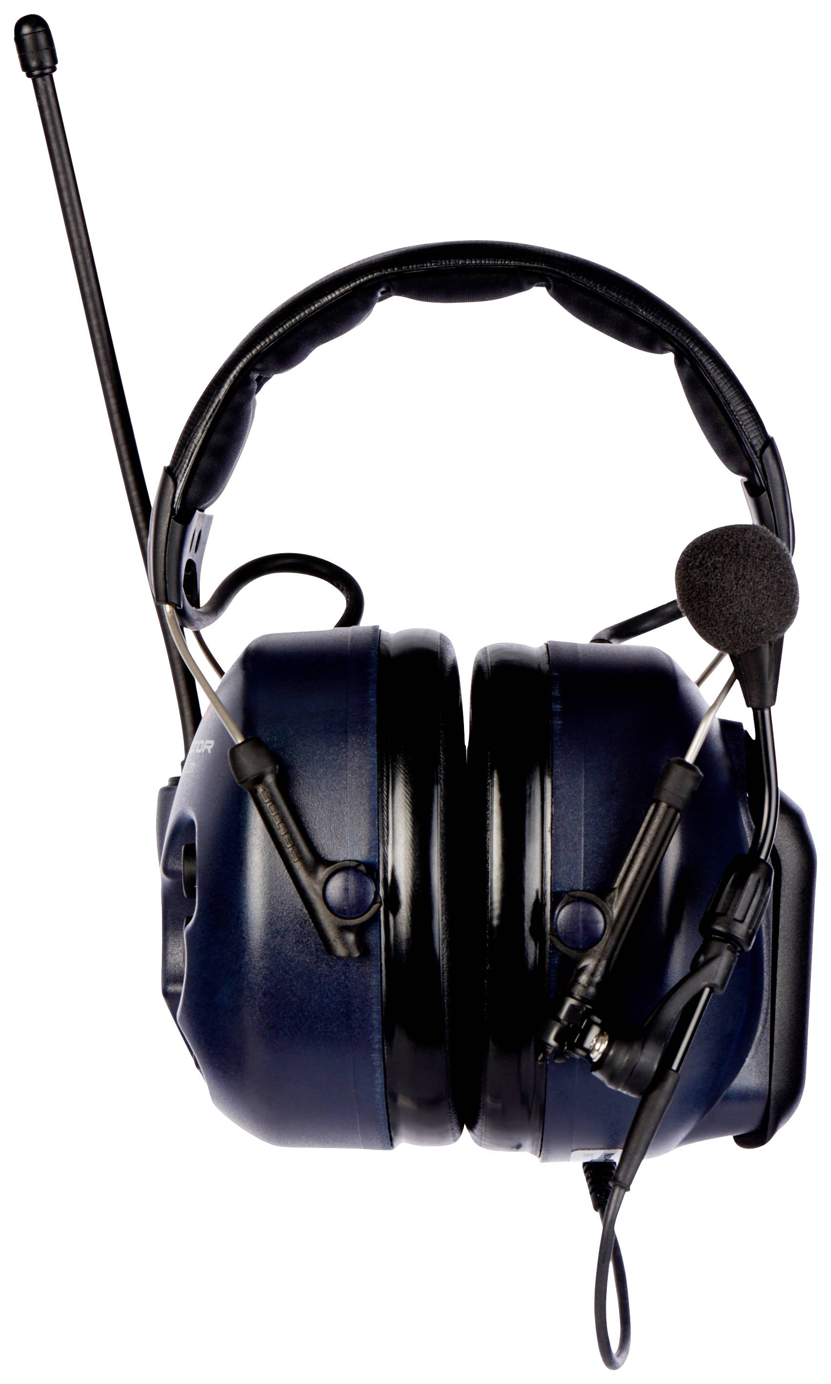 Ett svart over-ear-headset med mikrofon och antenn, lämpligt för bullriga miljöer, visar framifrån.