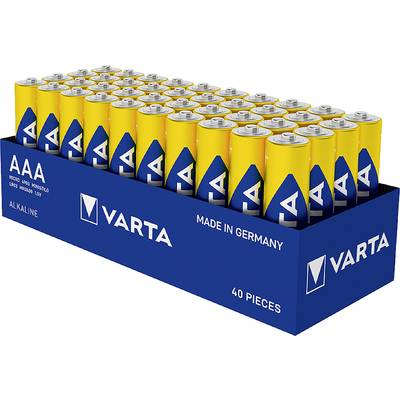 Varta AAA alkaliska batterier, 40 stycken i en blå förpackning. Text på förpackningen: Tillverkad i Tyskland.