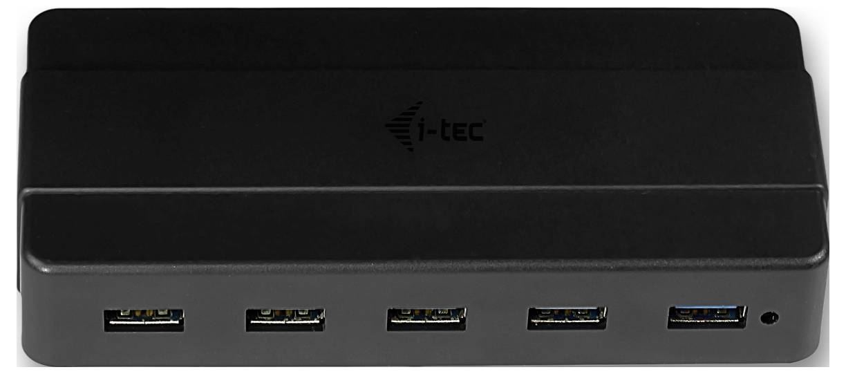En svart i-tec USB-hubb med fyra USB-portar på framsidan, utformad för att ansluta flera enheter till en dator eller strömkälla.