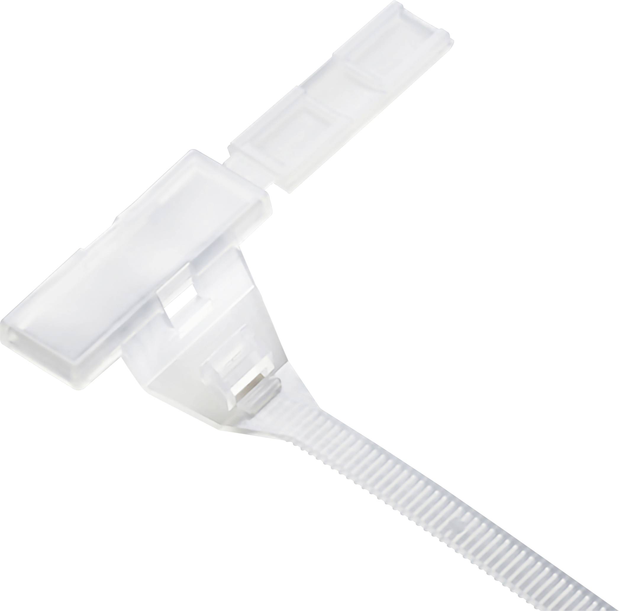 En vit plastförslutning, liknande en buntband, möjligen lämplig för att försluta eller hålla samman föremål.