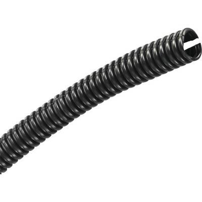 Svart, flexibel kabelskyddsslang med spiralformad struktur, lämplig för skydd av kablar i elinstallationer.