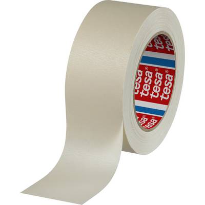 En rulle beige tejp står upprätt, med ett löst band som rullas ut åt höger. Insidan visar varumärket 'tesa'.