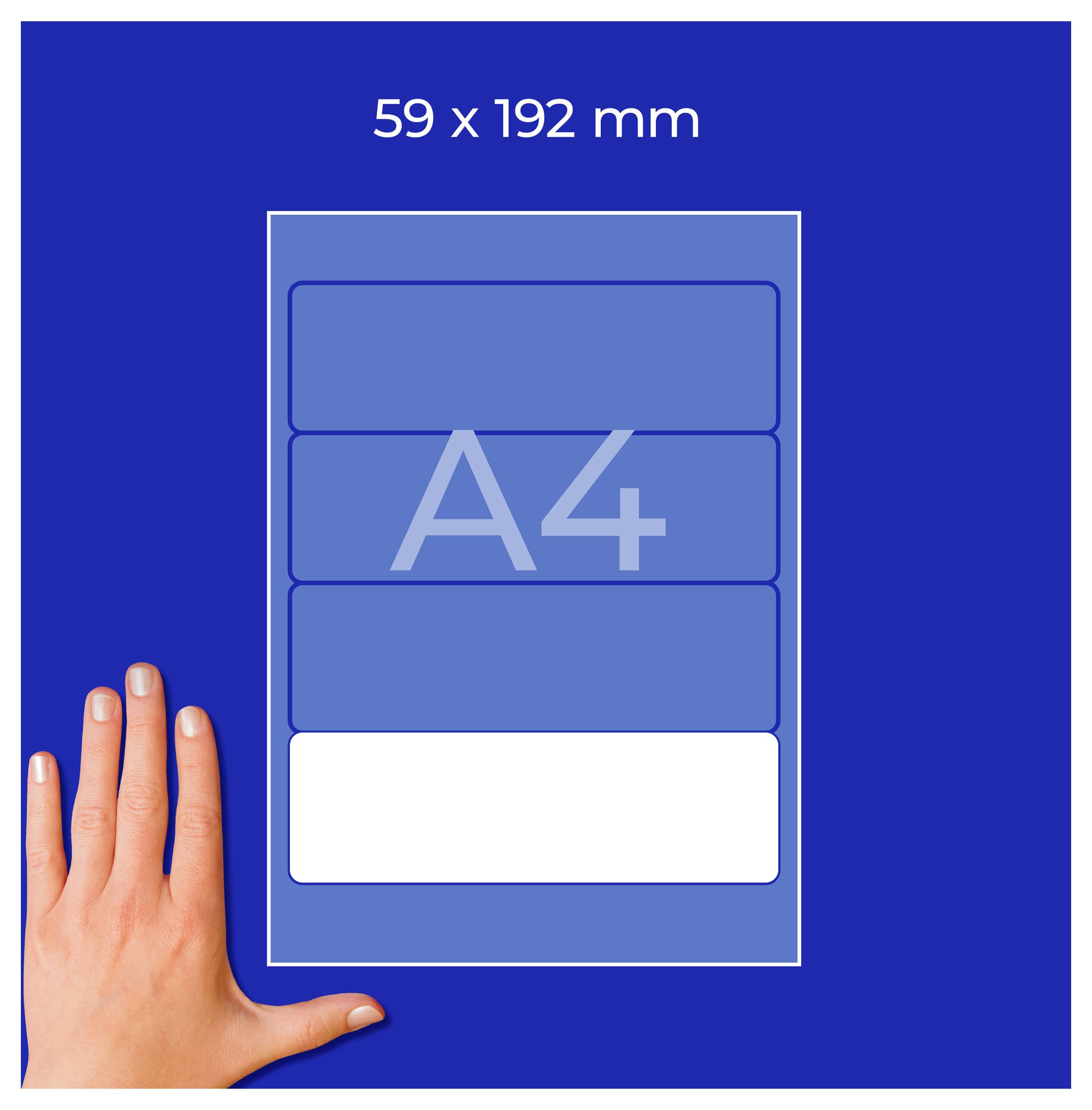Illustration av ett A4-format med måttangivelse "59 x 192 mm" och en hand för storleksjämförelse på blå bakgrund.