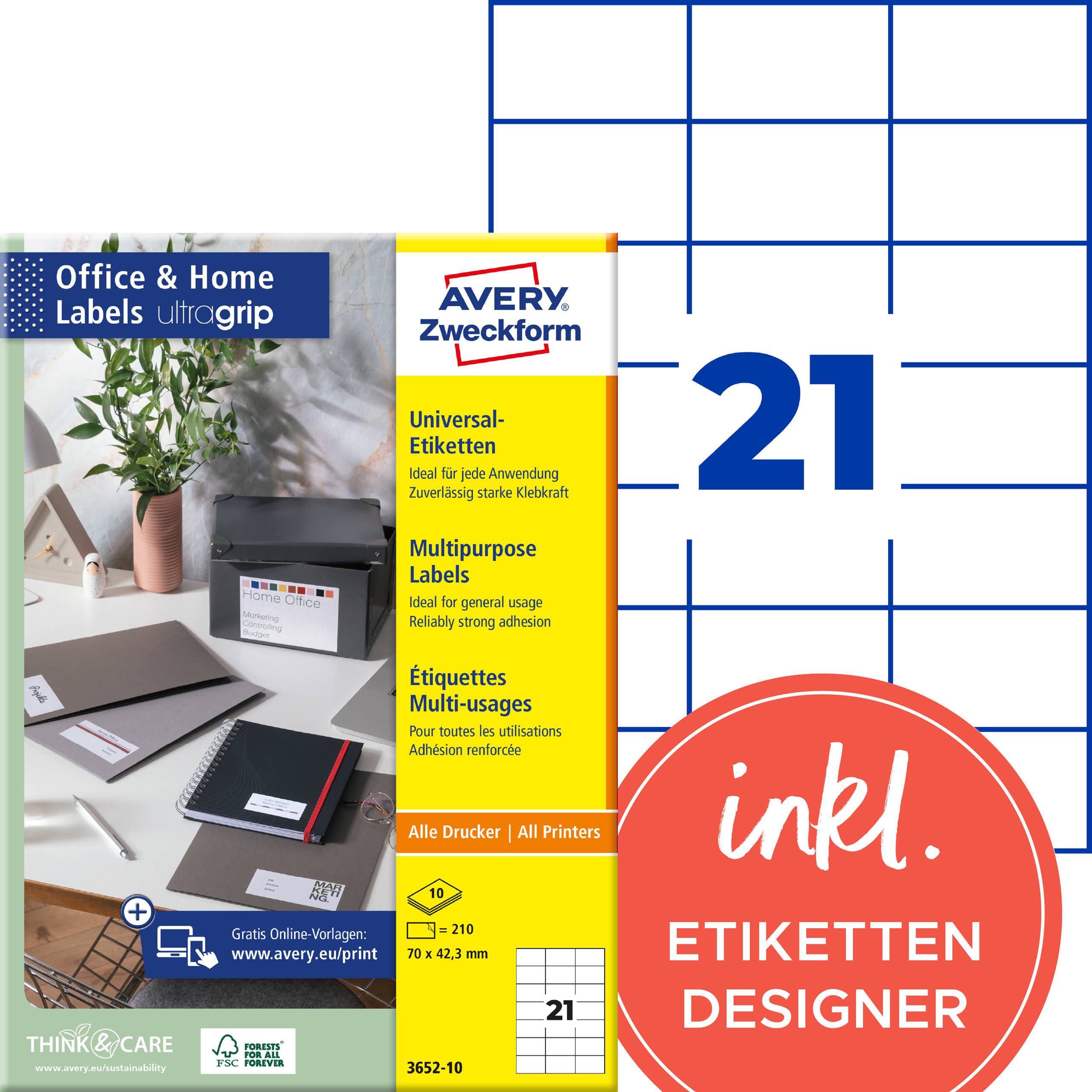 Box med Avery Zweckform kontor- och hometiketter, packstorlek 21, med gratis 'inkl. Etiketter Designer' och mallar; visar etikettnätdesign och produktförpackning.