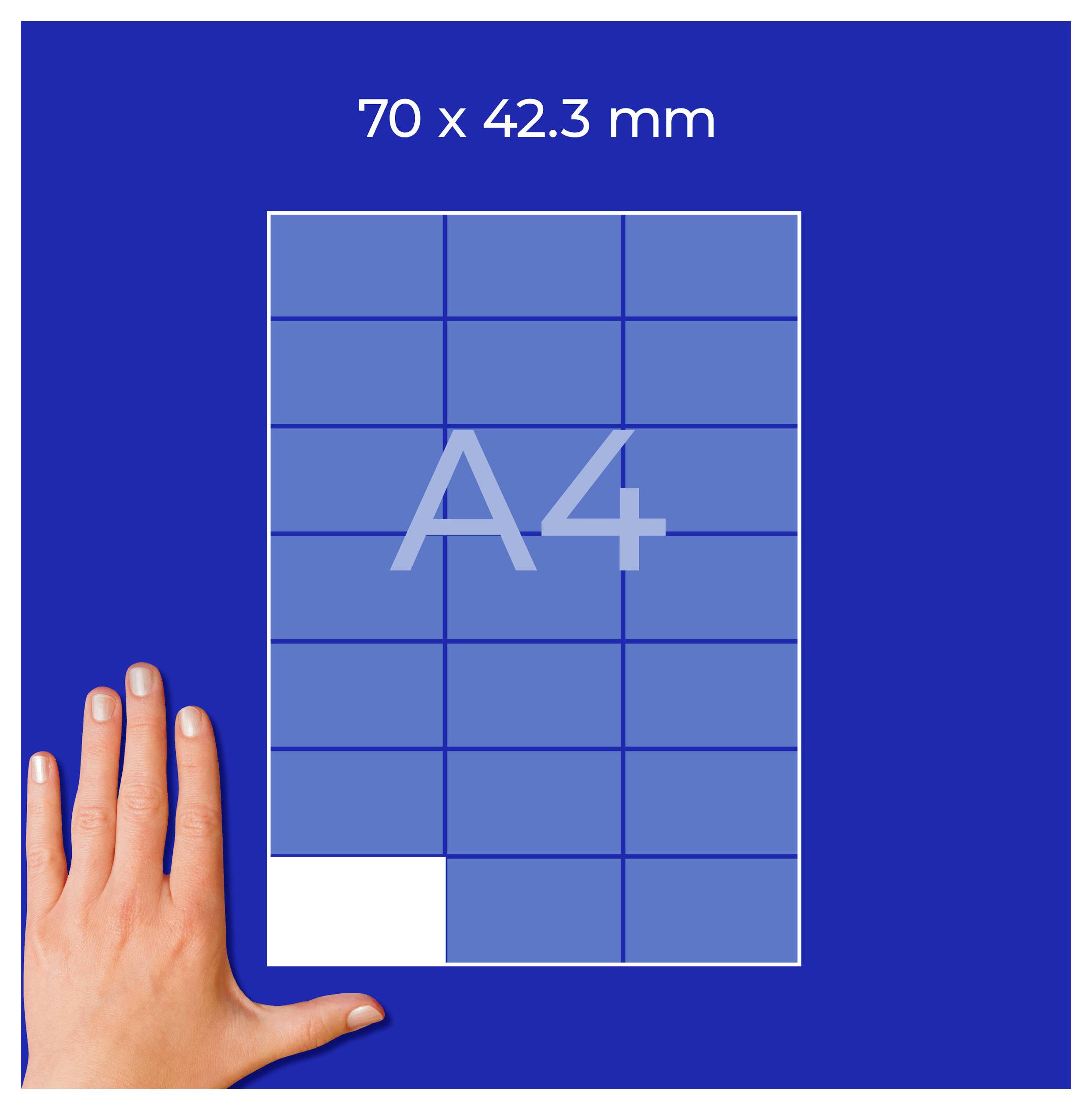 Illustration av ett A4-format med rutnät och måttangivelse 70 x 42,3 mm; en hand tjänar som storleksjämförelse.