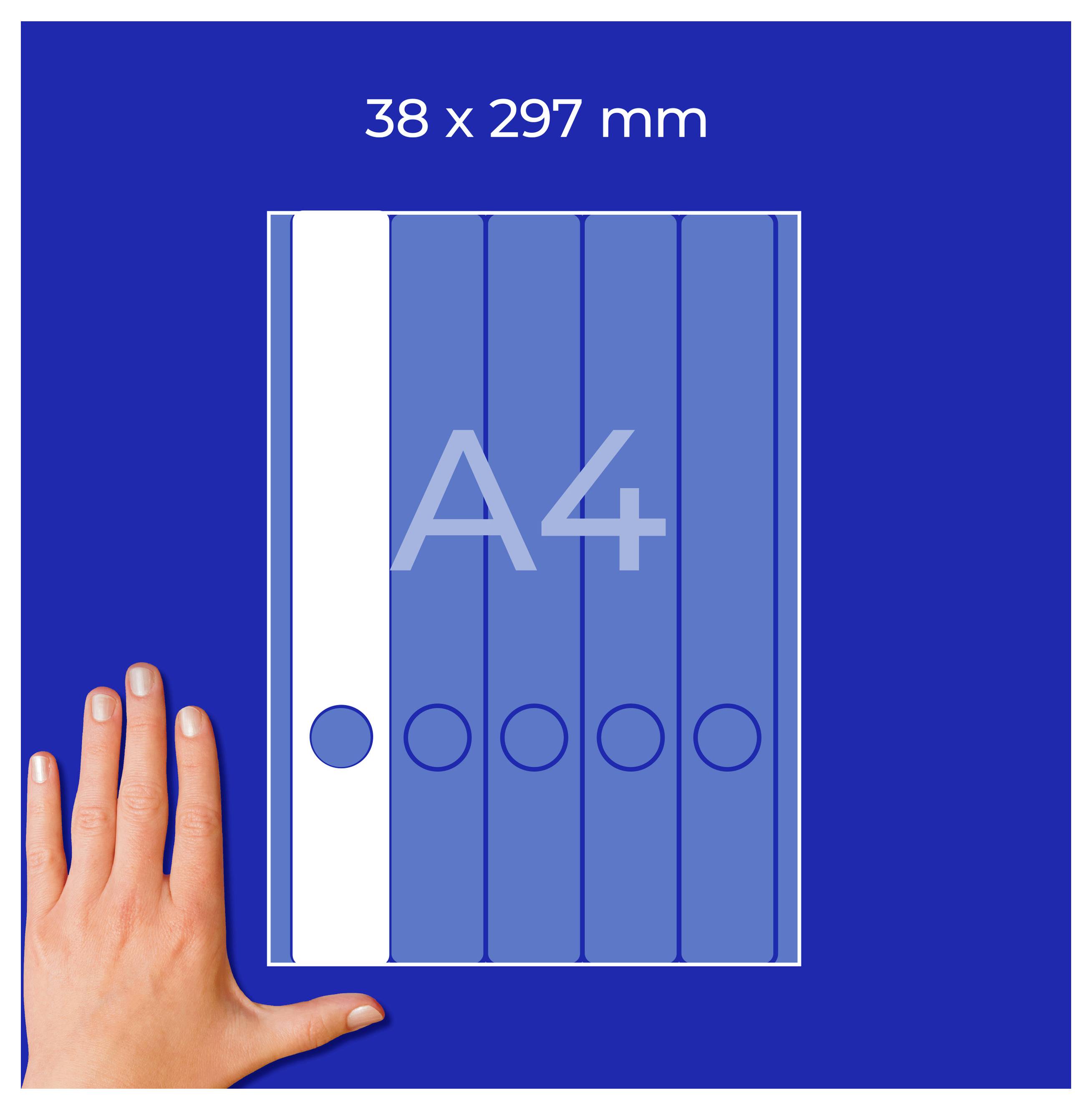 A4-format (210 x 297 mm) med hand som storleksreferens på blå bakgrund.