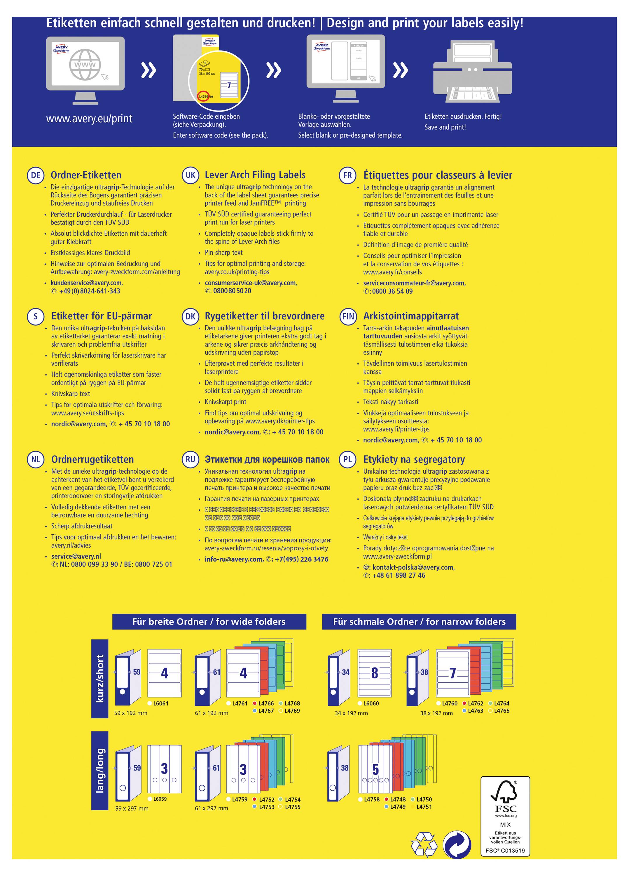 # Infografik för utskrift av Avery-etiketter: steg för att designa, skriva ut och applicera etiketter, med produkttyper listade på tyska, franska och engelska, plus exempel på mappetikettsstorlekar längst ned.