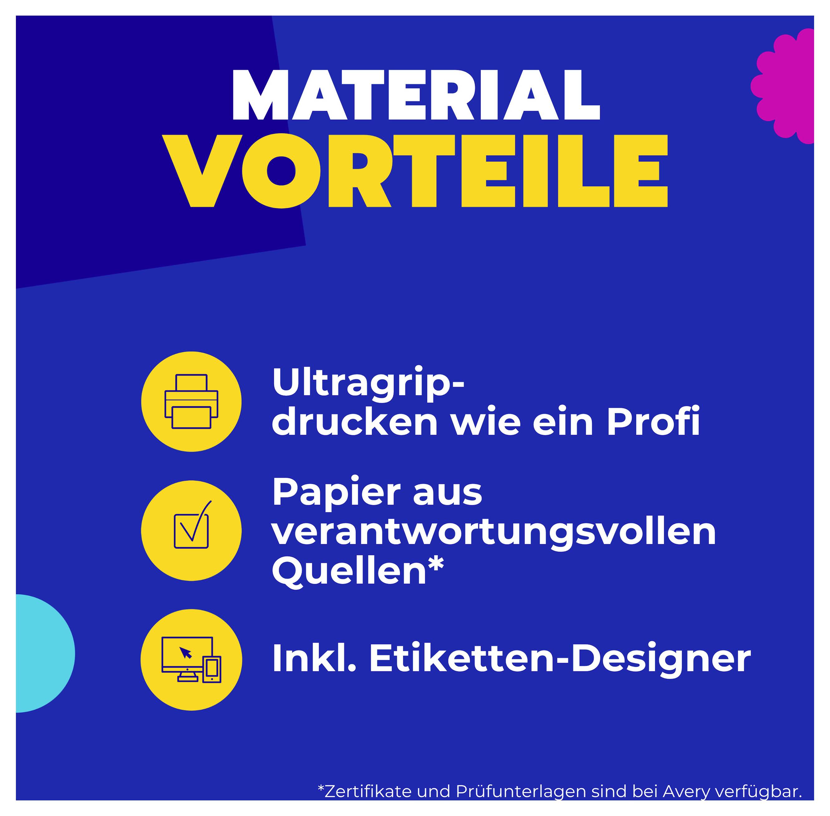 Reklamaffisch 'MATERIELLA FÖRDELAR' med tre punkter: Ultragrip-tryck som en proff, papper från ansvarsfulla källor och inkl. etikett-designer.
