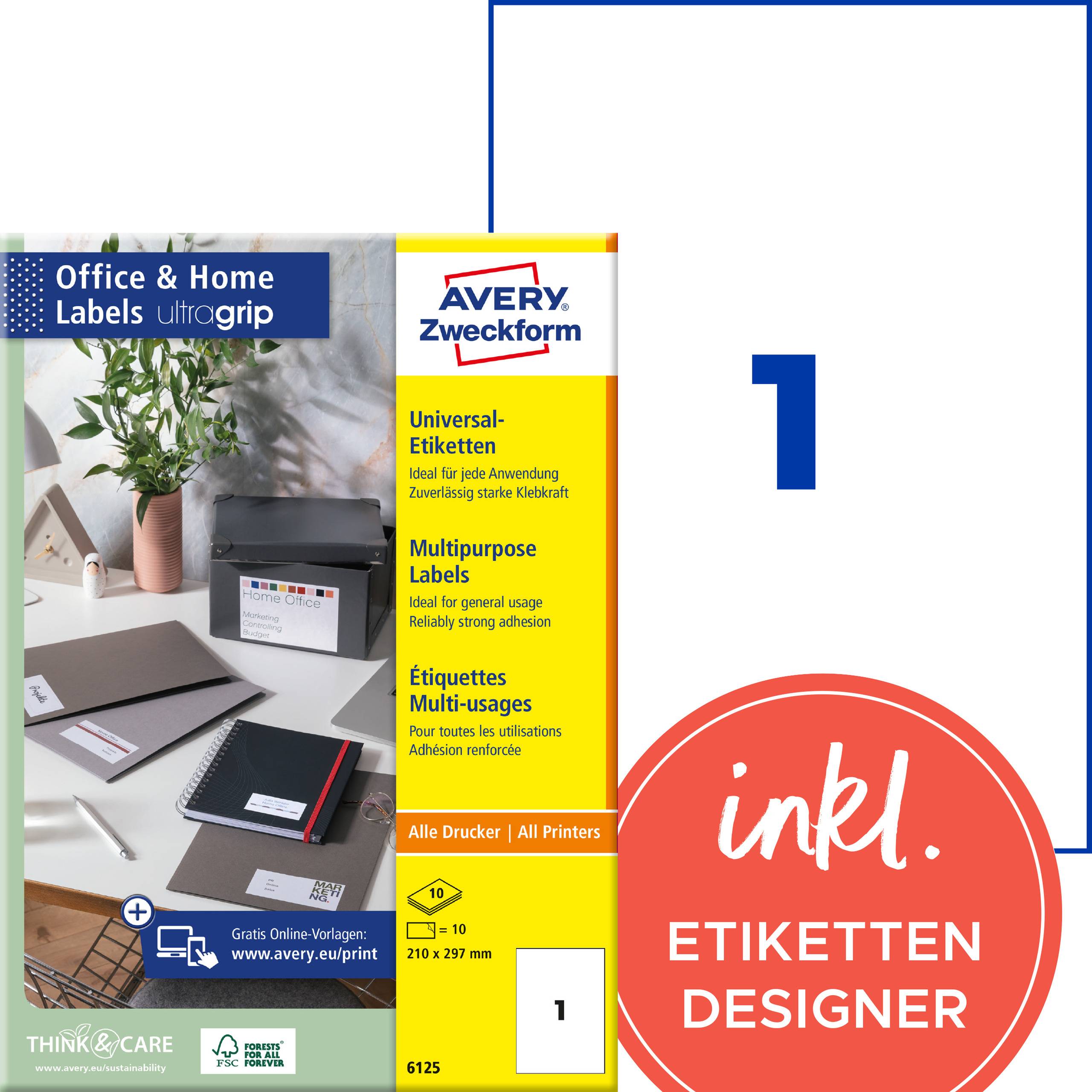 Avery Zweckform kontors- och hemetetikettpaket för skrivare, innehållande 1 000 universaletiketter i A4-storlek med inkluderad etikettdesigner.