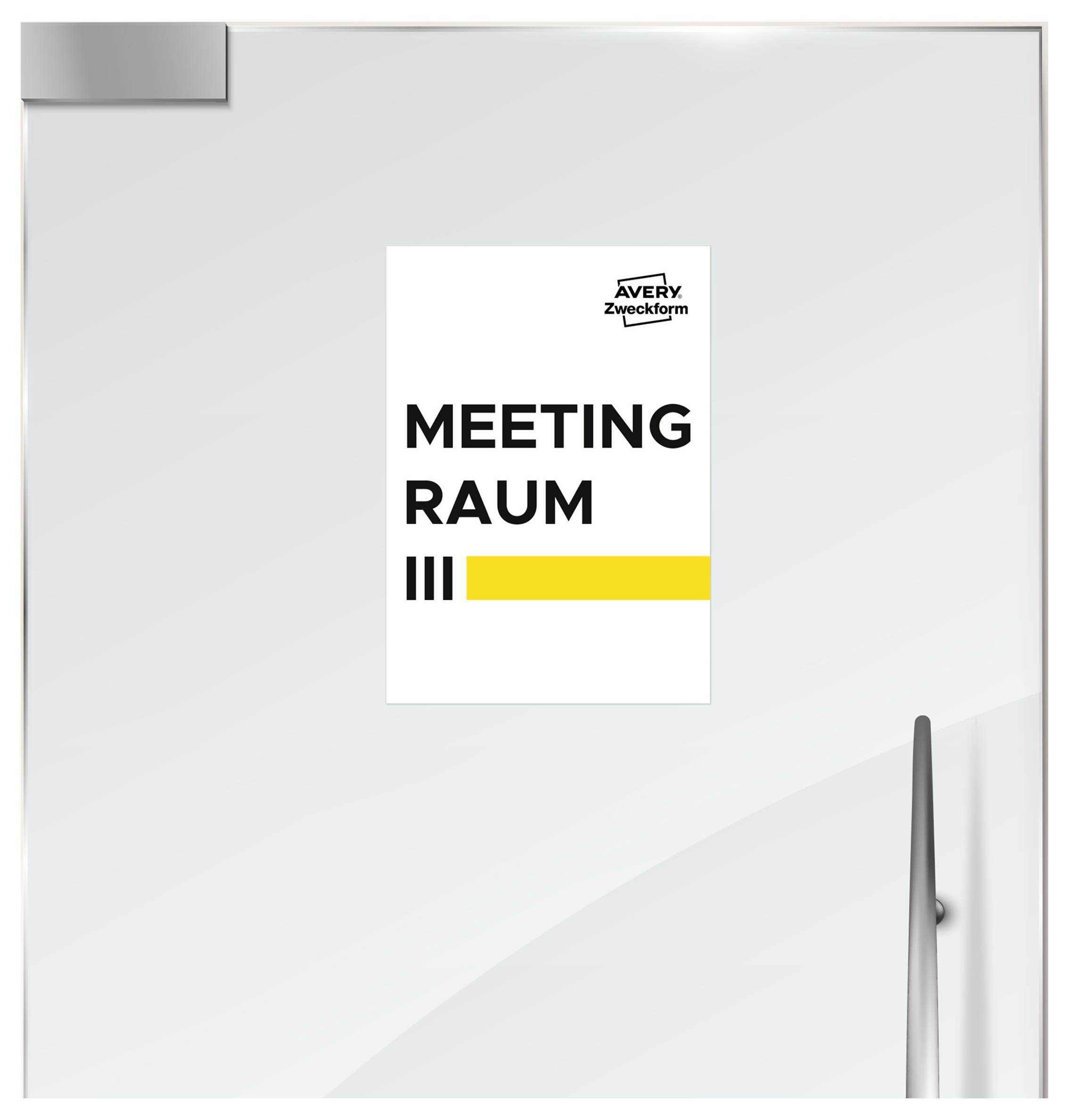 Dörrskilt med texten "MEETING RAUM" och Avery Zweckform-logotyp, som markering av ett mötesrum.