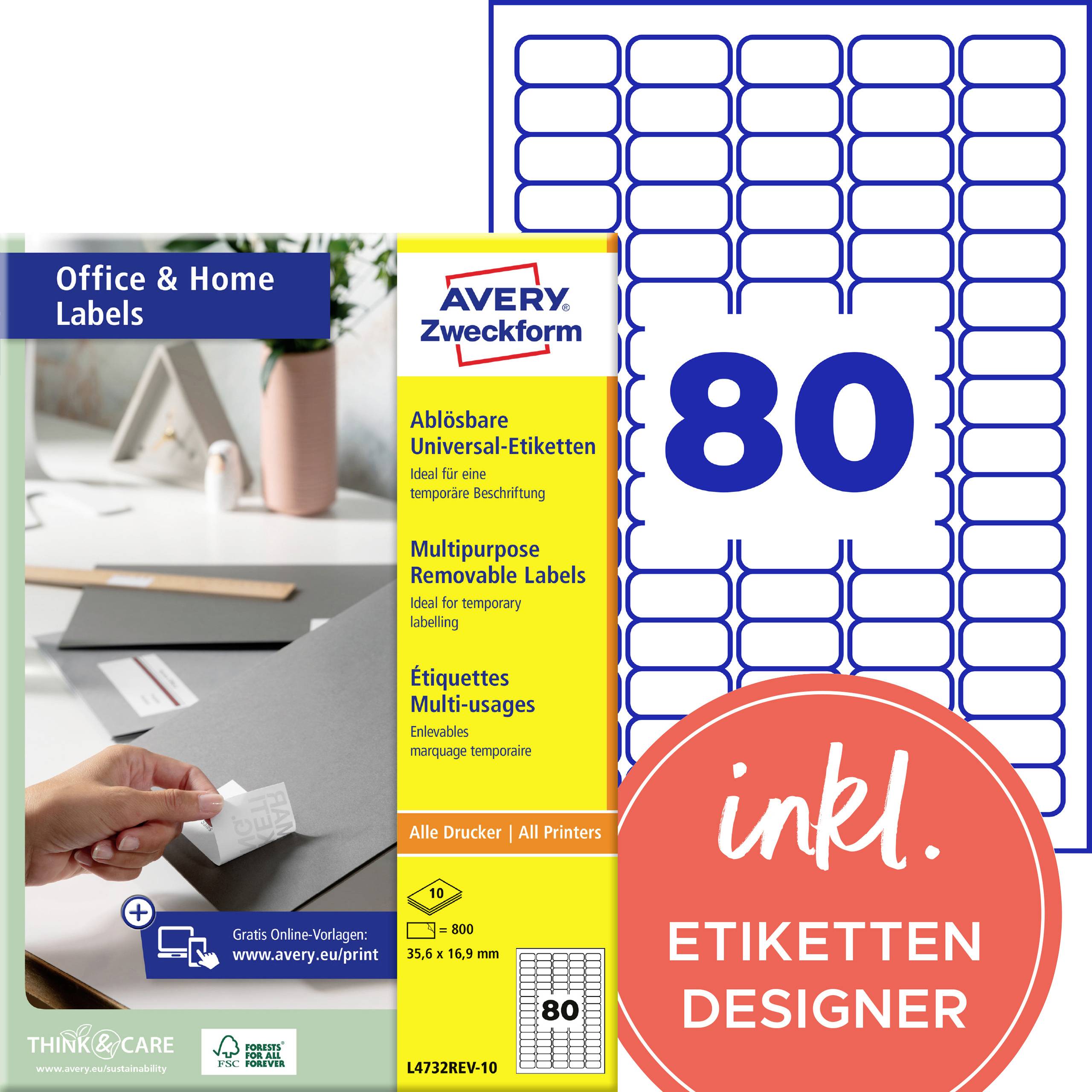 Avery Zweckform avtagbara kontors- och hemetiketter i förpackning med 80 etiketter och gratis onlineetikettkonstruktör.