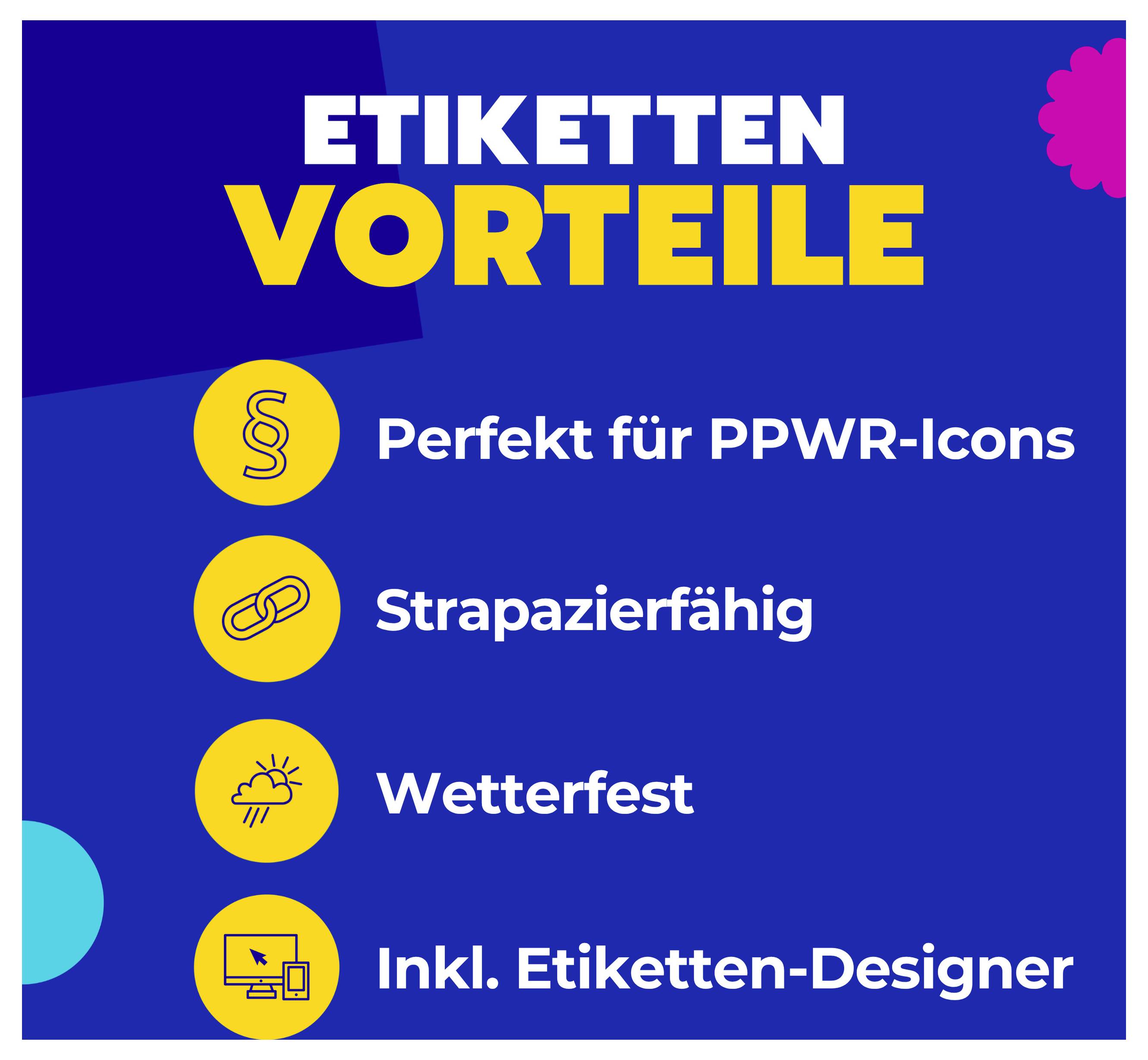 Grafik 'ETIKETTENS FÖRDELAR' med fyra punkter: Perfekt för PPWR-ikoner, slitstarkt, väderbeständigt och inkl. etikett-designer.