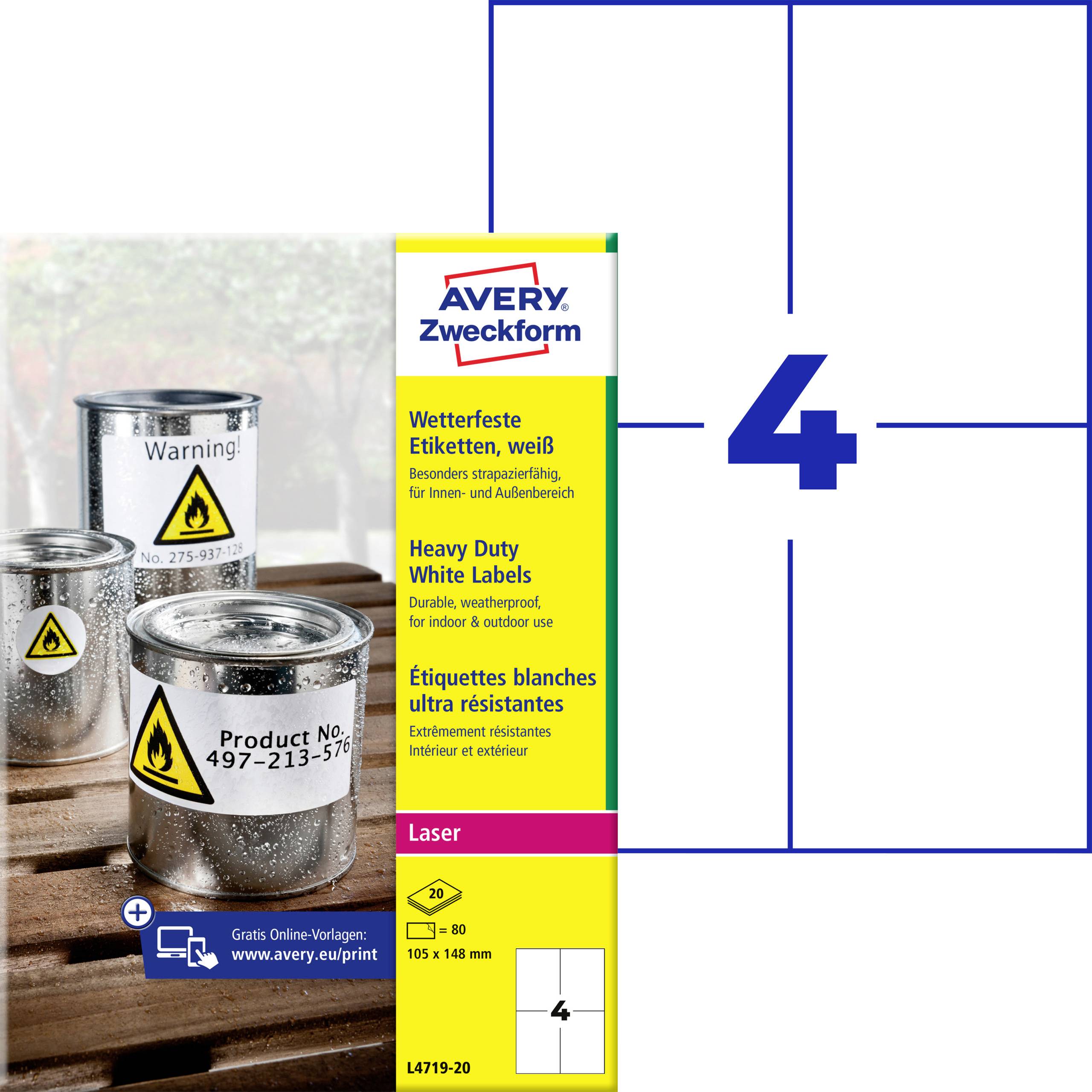 Avery Zweckform vita laseretikett paket för 105 x 148 mm etiketter, med ett stort blått nummer 4 och burkar med varningsetiketter på omslaget.