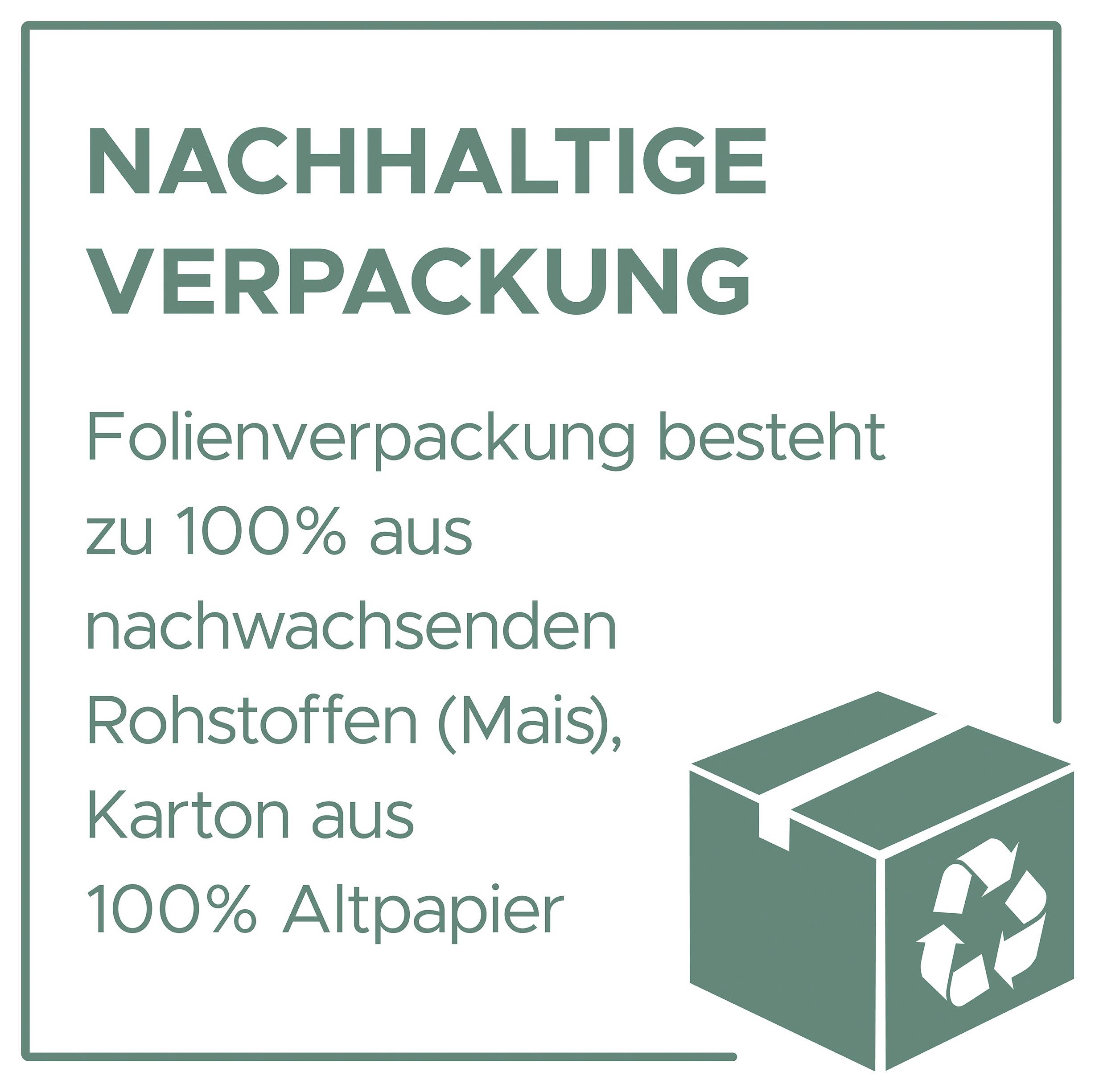 Informationsgrafik för hållbar förpackning: Filmförpackning av 100% förnyelbara råvaror (majs), kartong av 100% återvunnet papper; symbol med återvinningslåda.