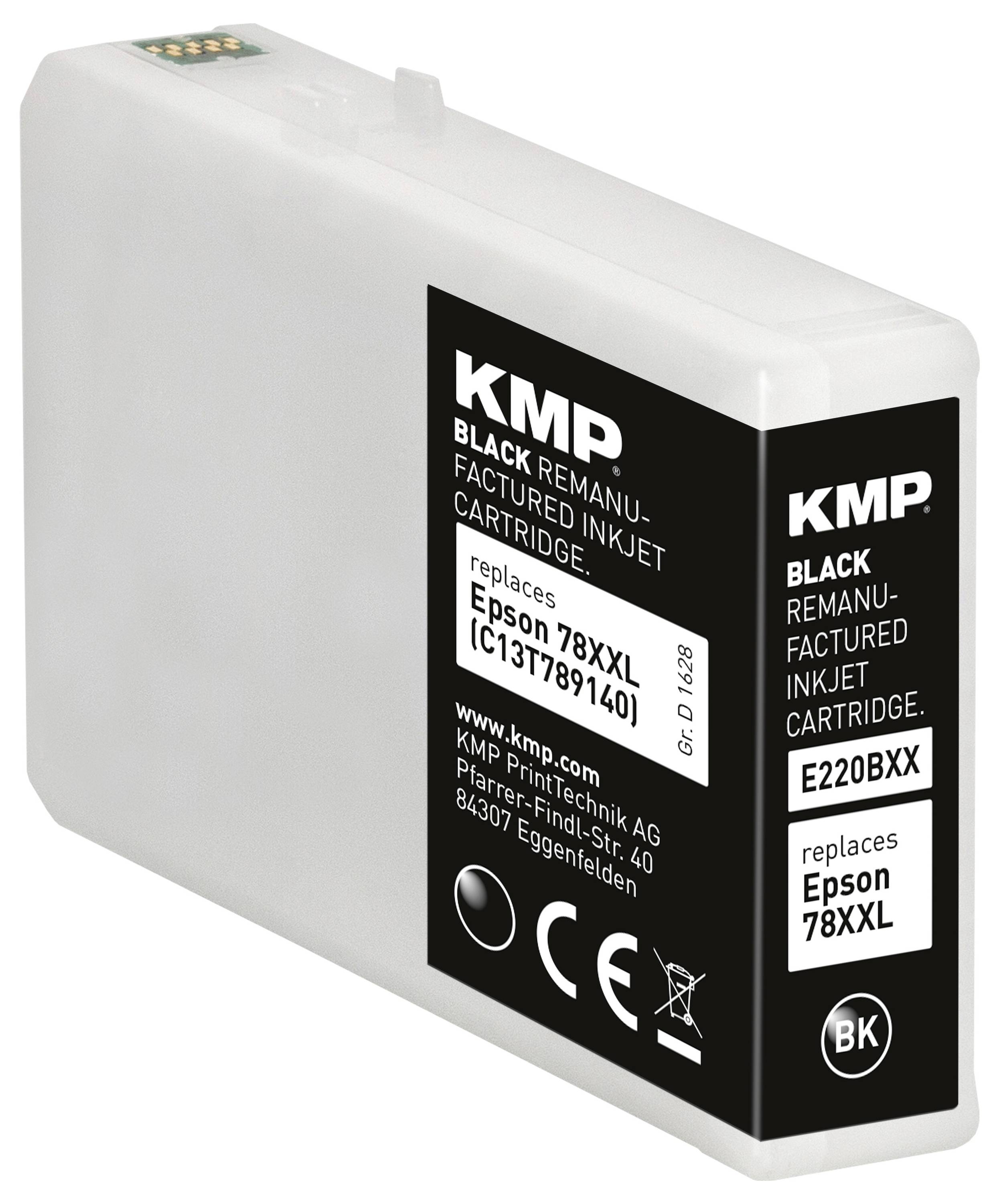 En svart återförädlad bläckpatron från KMP, kompatibel med Epson-modellerna 78XXL (C13T79140), E220BXX och Epson 78XXL BK.