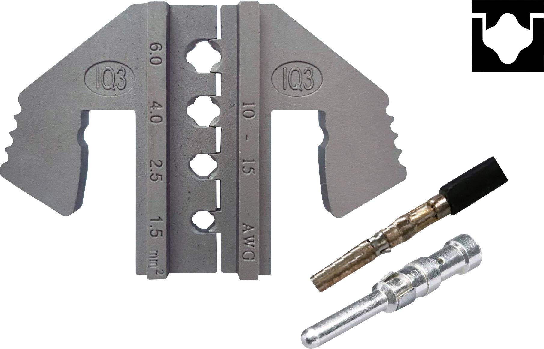 Crimptång med AWG- och mm²-markeringar, lämplig för RJ45-kontakter. Inkluderar metalladapter och anslutningsstift.