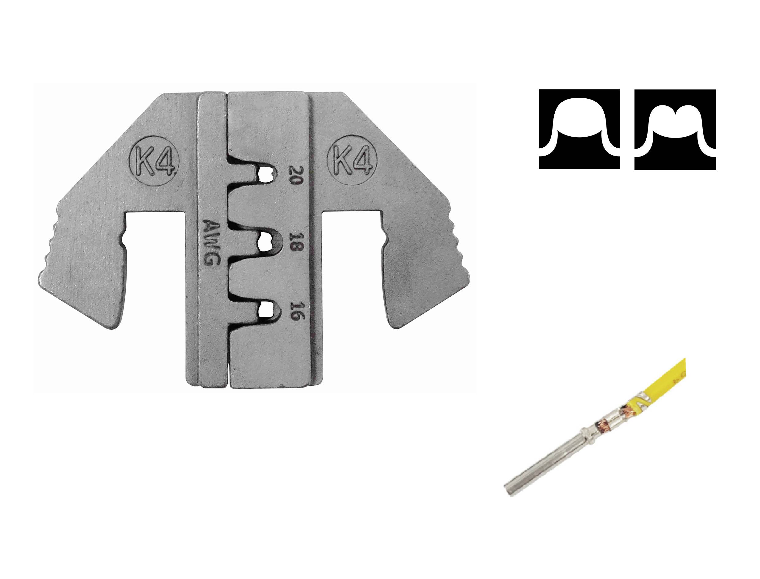 'K4' avbildad på ett tredelat metallverktyg. Till höger 'AMG' och AWG-storlekar 20, 18, 16. Dessutom syns en kabel med metallkontakt.