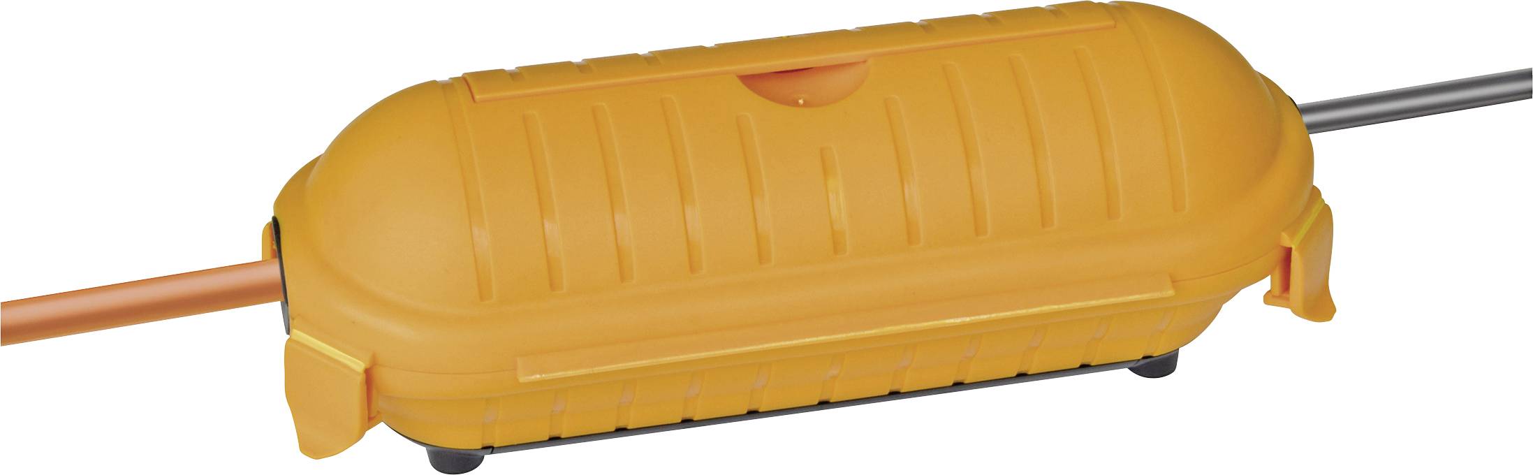 Orange vattentät kabelkontakt med strimmig rektangulär hölje, som förenar en orange kabel på vänster sida och en grå kabel på höger sida.
