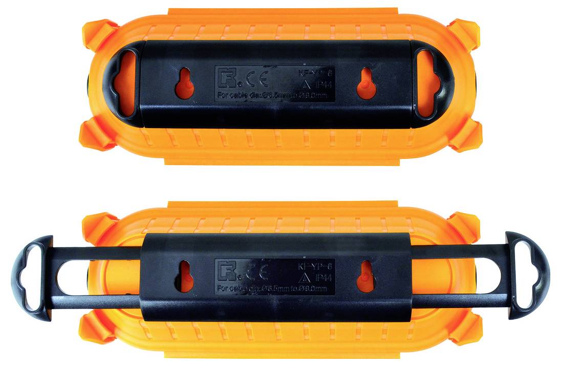 Två vyer av ett orange och svart vattentätt telefonetui med låsande spärrar och remögglor, visade fram och bak.