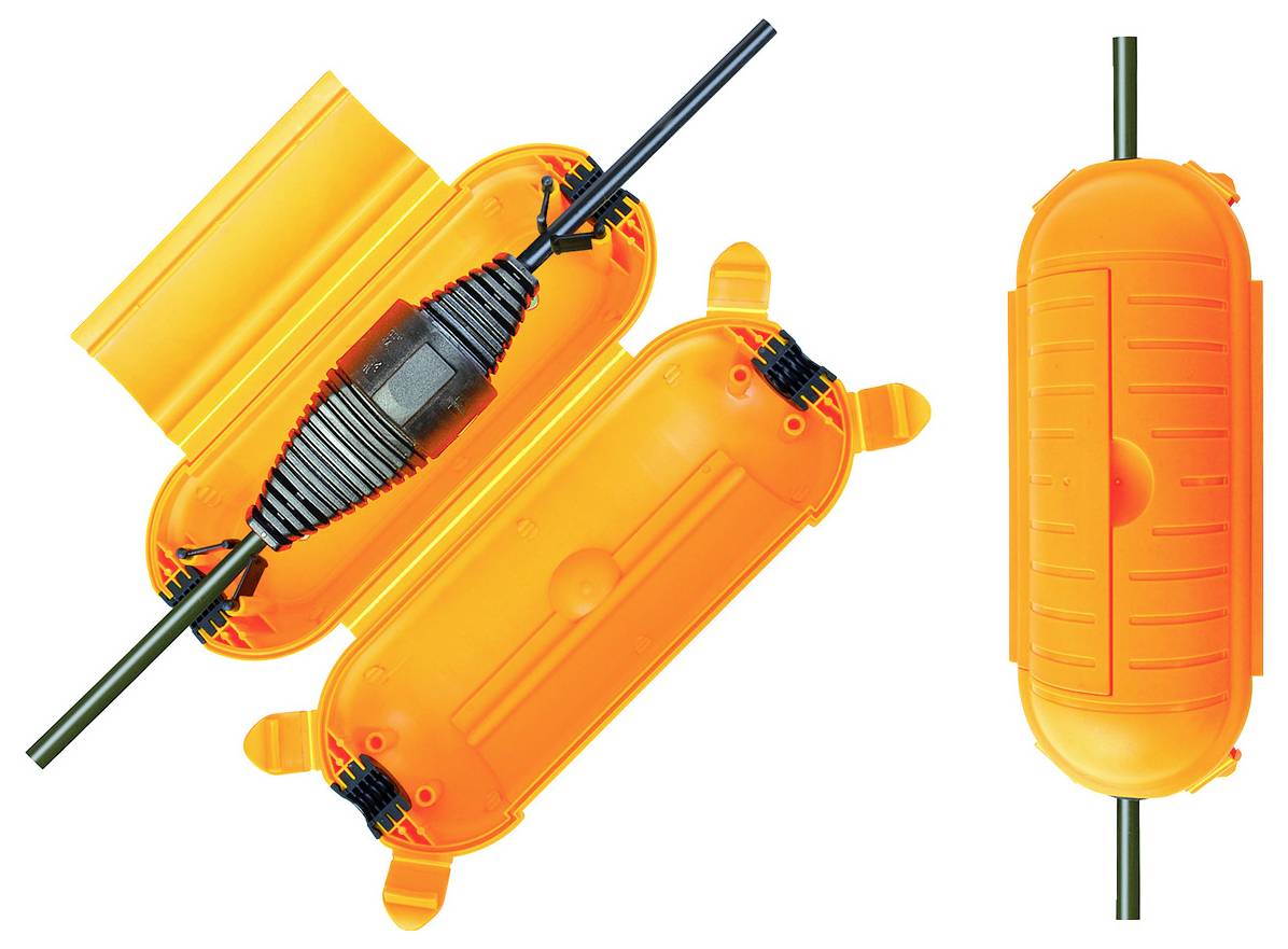 Orange kabelkontakt kopplingsbox visad öppen och stängd omkring en svart kabel på vit bakgrund.