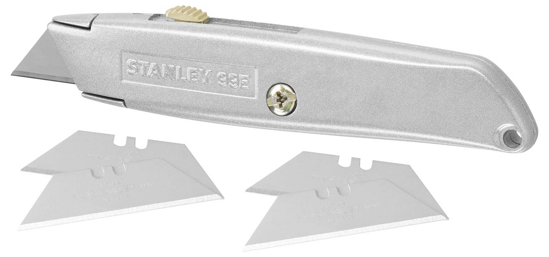 Ett silvergrått mattkniv med fyra reservblad under. Kniven har en knapp på ovansidan för bladjustering.