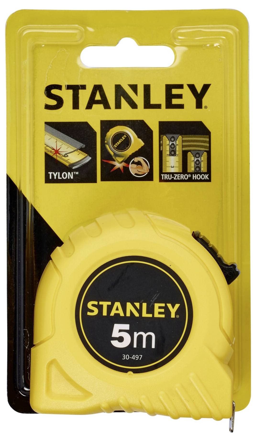 Gult måttband från märket Stanley, 5 meter långt, förpackat i blisterförpackning.