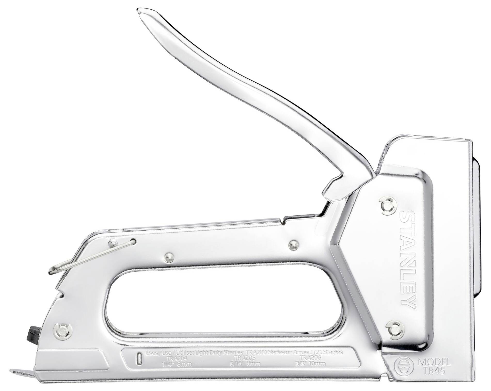 En silverfärgad häftpistol från märket Stanley, modell TR45, i sidoperspektiv, visar greppet och utlösningsmekanismen.