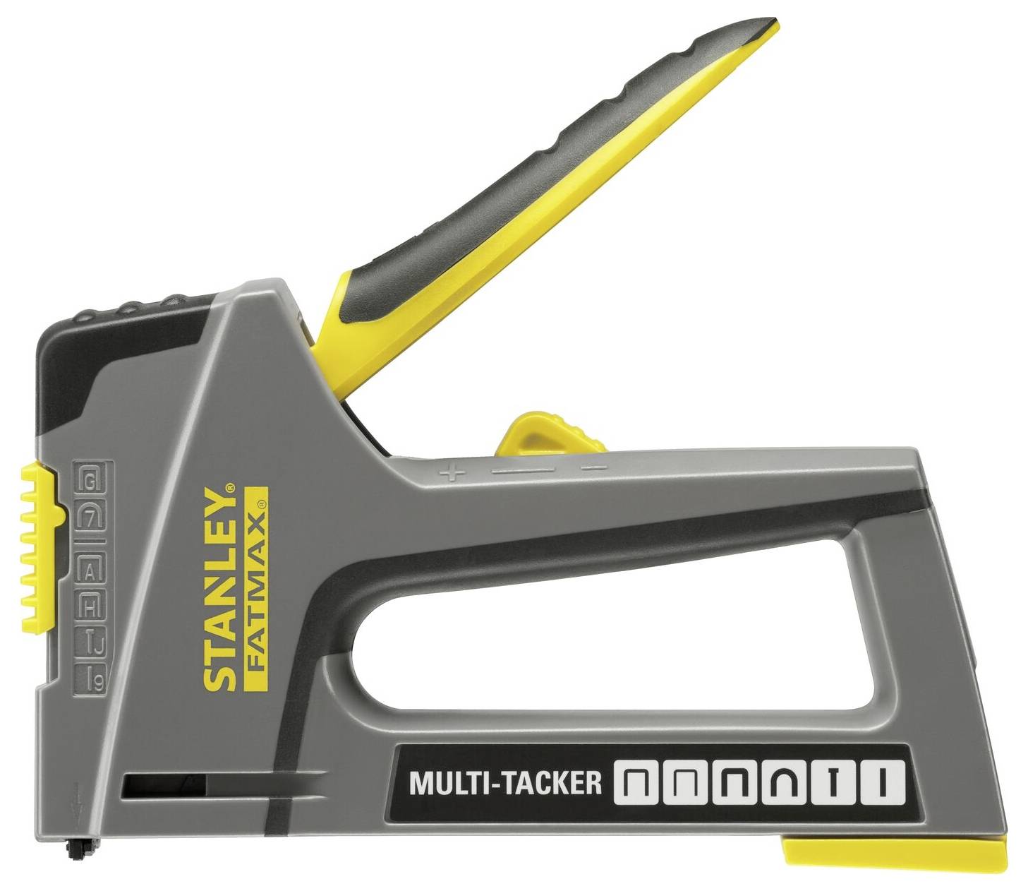 En grå och gul Stanley Fatmax Multi-Tacker med ergonomiskt handtag, lämplig för häftning av olika material.