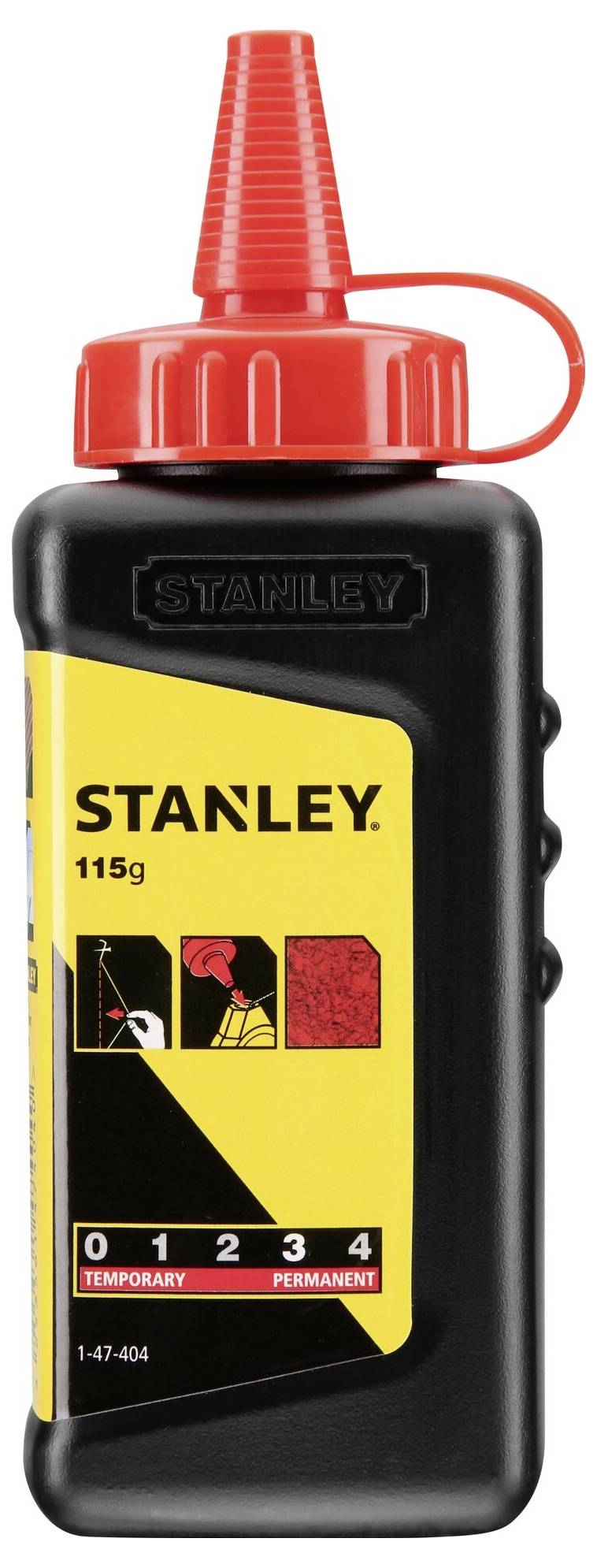 Ett svart Stanley-kritlinjeflaska med gul etikett. Innehåller 115g. Visar skala från 1 till 4 för tillfälliga till permanenta markeringar.
