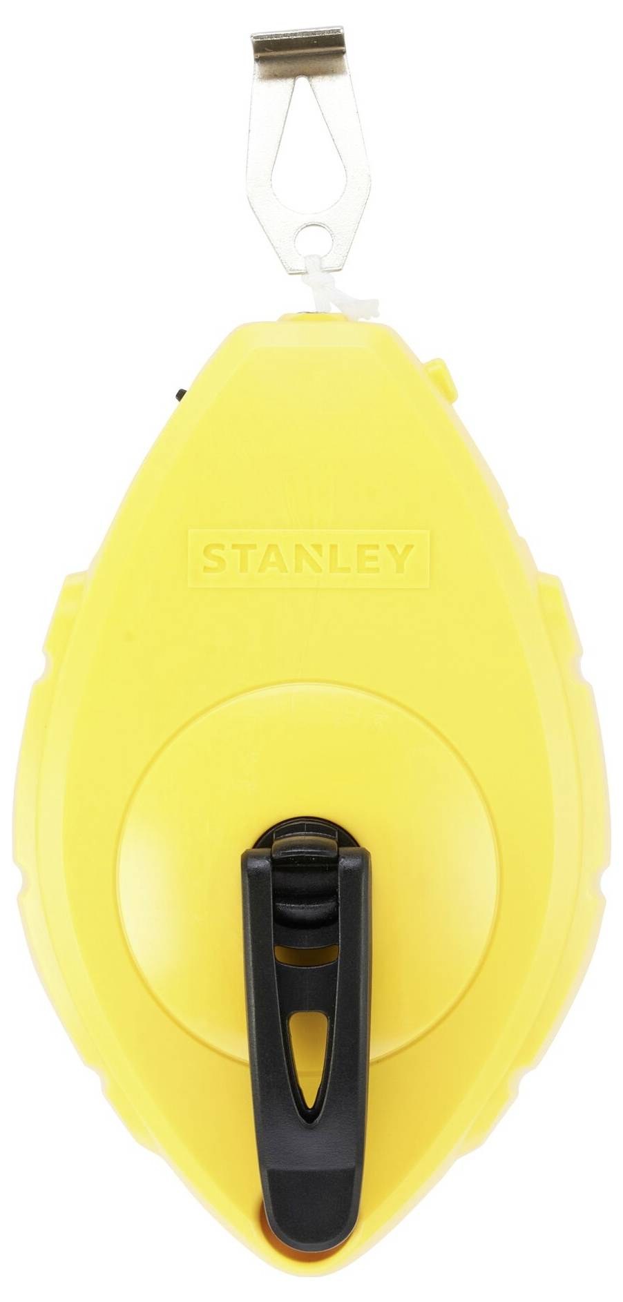 Gult Stanley-kritkritsverktyg med svart vevhandtag och metallkrok högst upp.