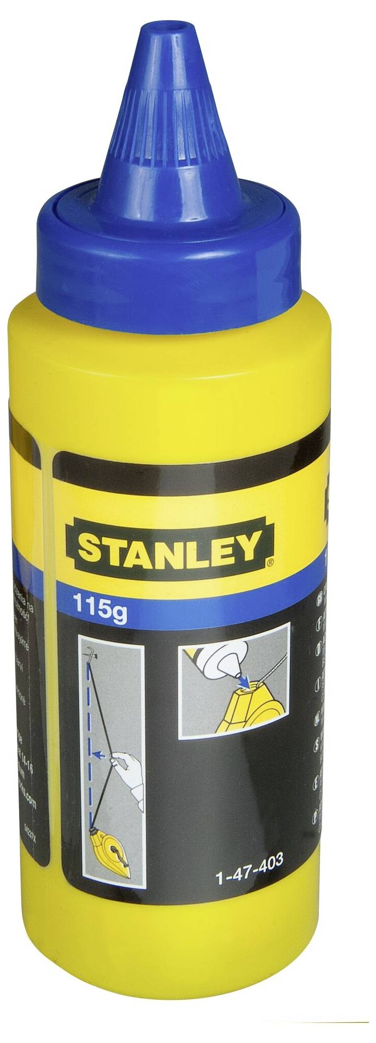 Gul flaska med blå lock, märkt med 'Stanley 115g'. Illustrerar användningen: markera linjen och använd verktyget.