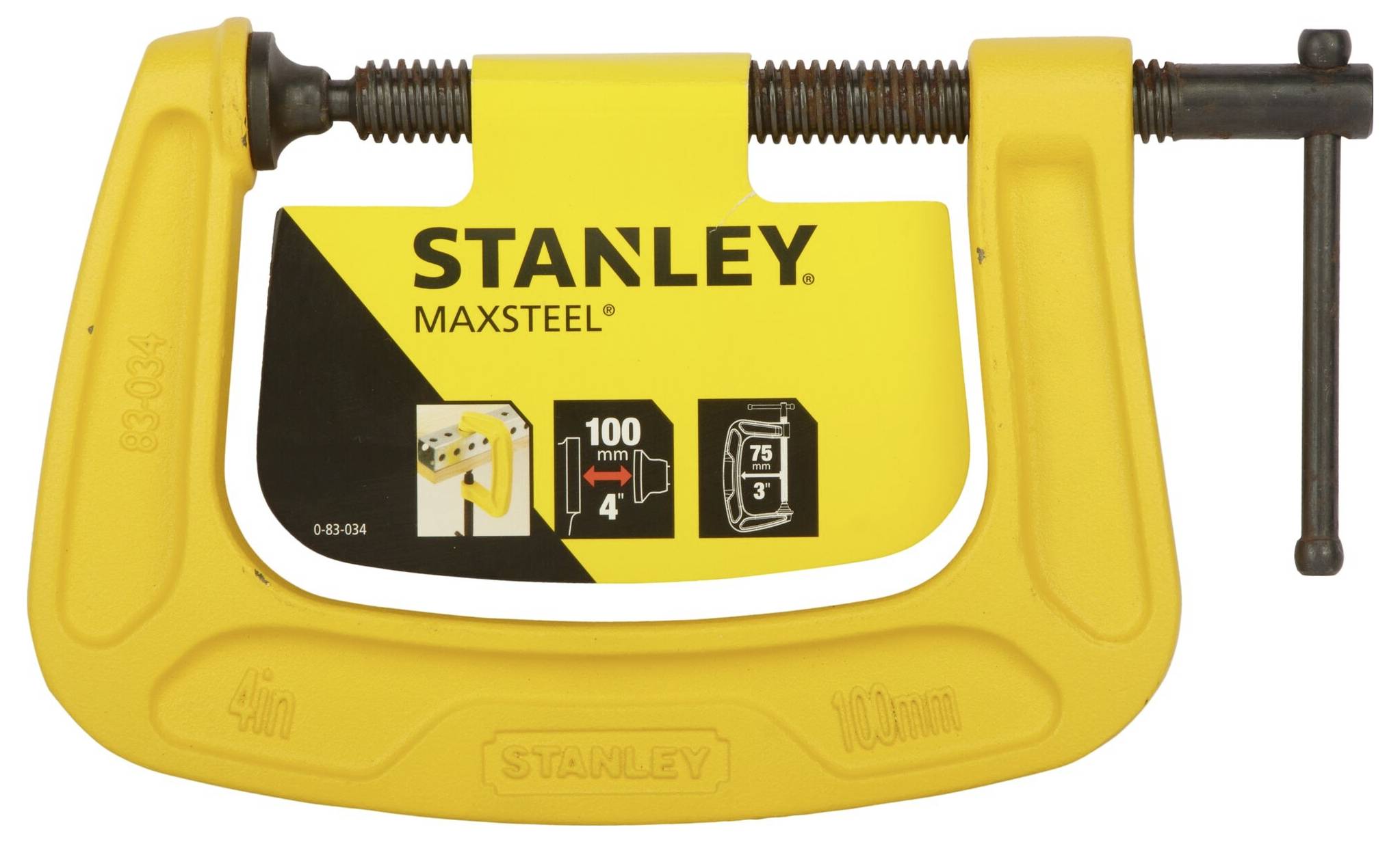 Gul skruvtving med texten 'STANLEY MAXSTEEL', spännvidd på 100 mm, med storleksangivelse i tum och mm.