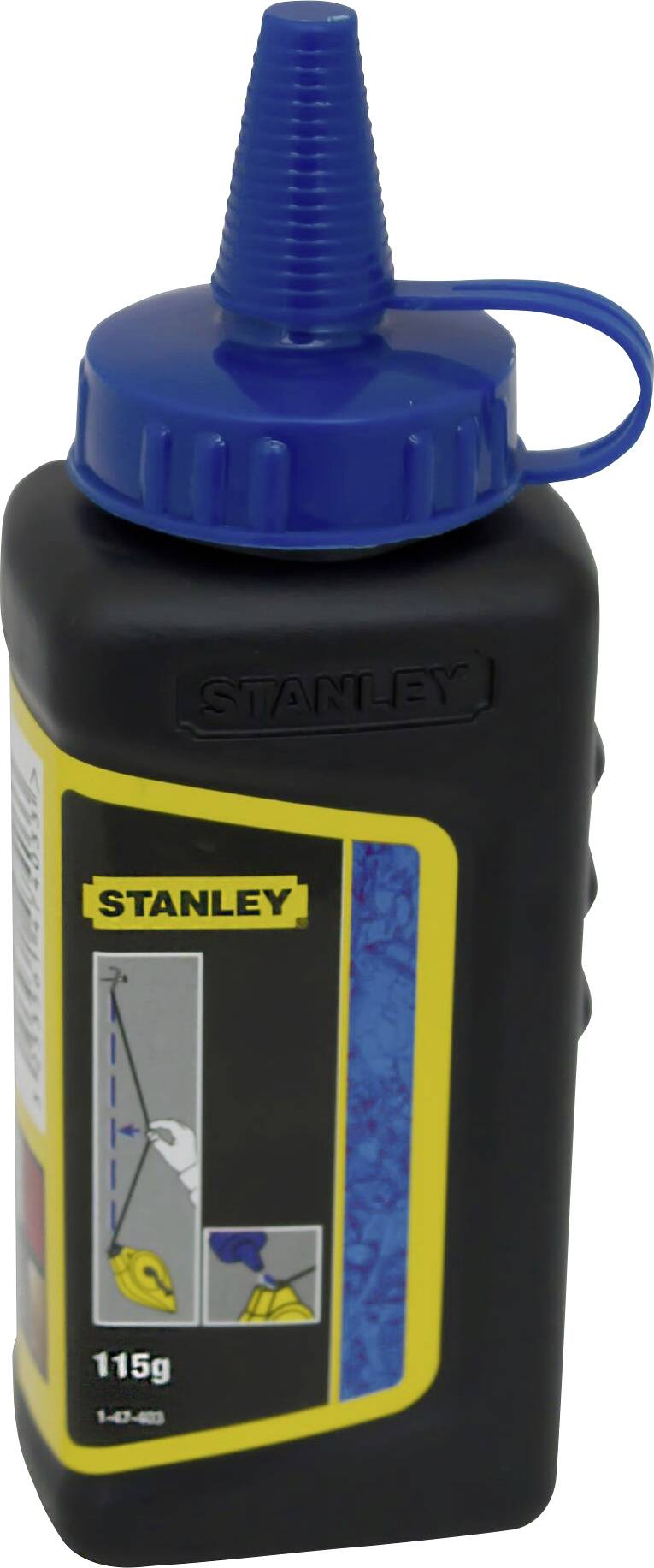 En svart flaska kritpulver från Stanley med ett blått lock. Etiketten visar instruktioner för användning av pulvret. Vikt: 115g.