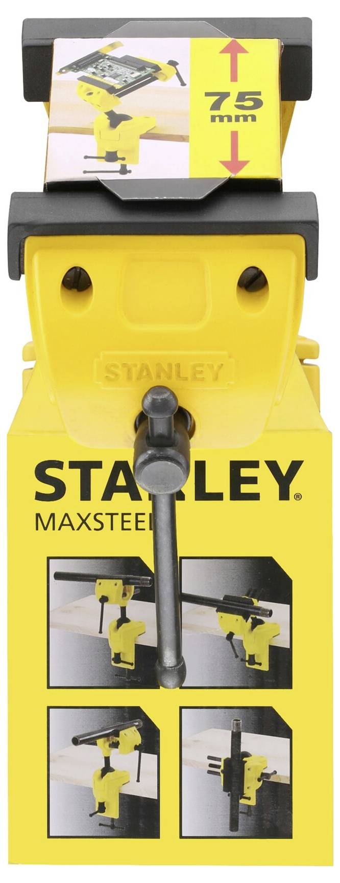 'STANLEY MaxSteel' skruvstäd, gul med svart handtag, visar tre användningsbilder på förpackningen. Bredd 75 mm.