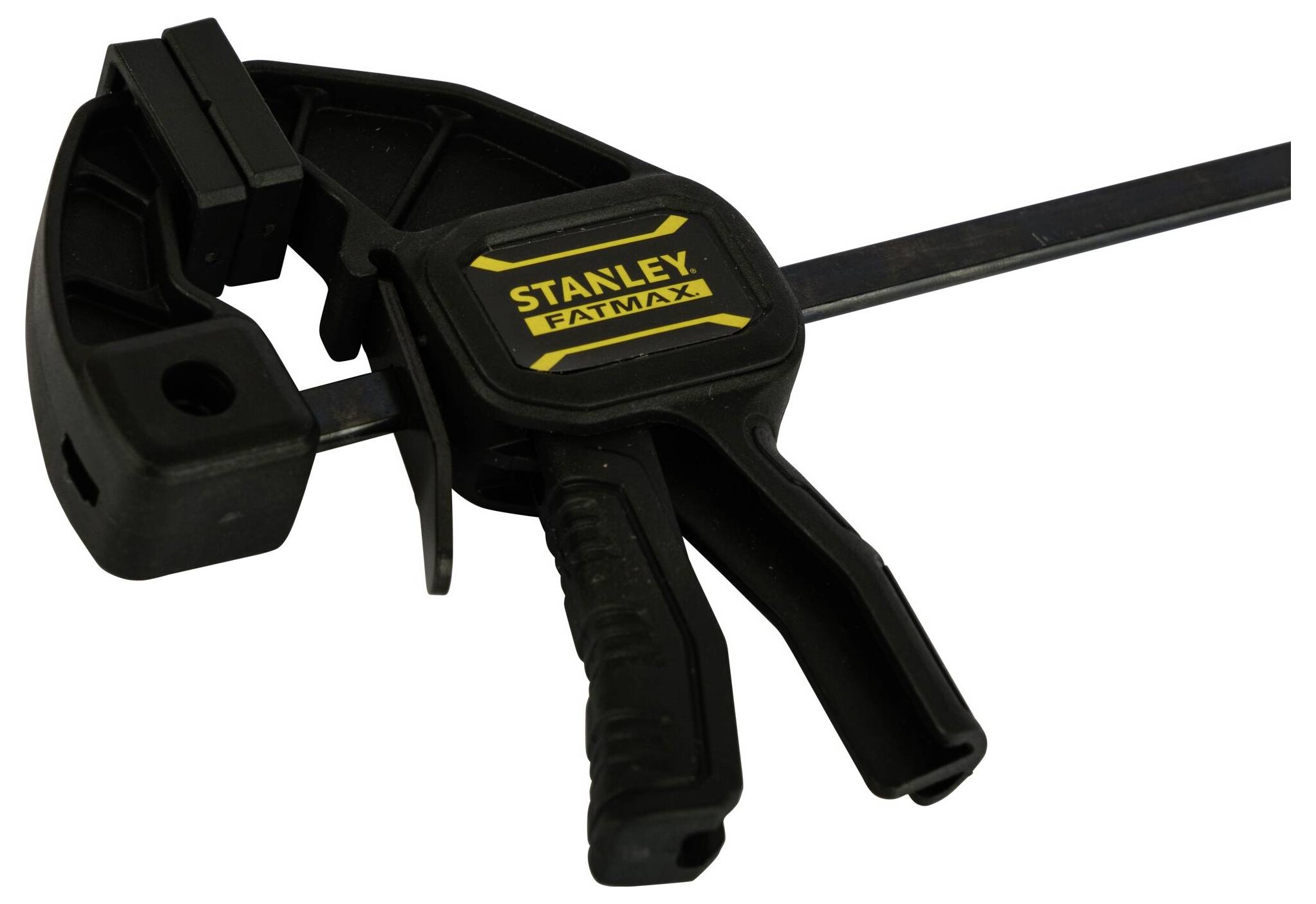 'Stanley FatMax' snabbklämma i svart, med gult logo. Handtag och spak för fasthållning av arbetsstycken.
