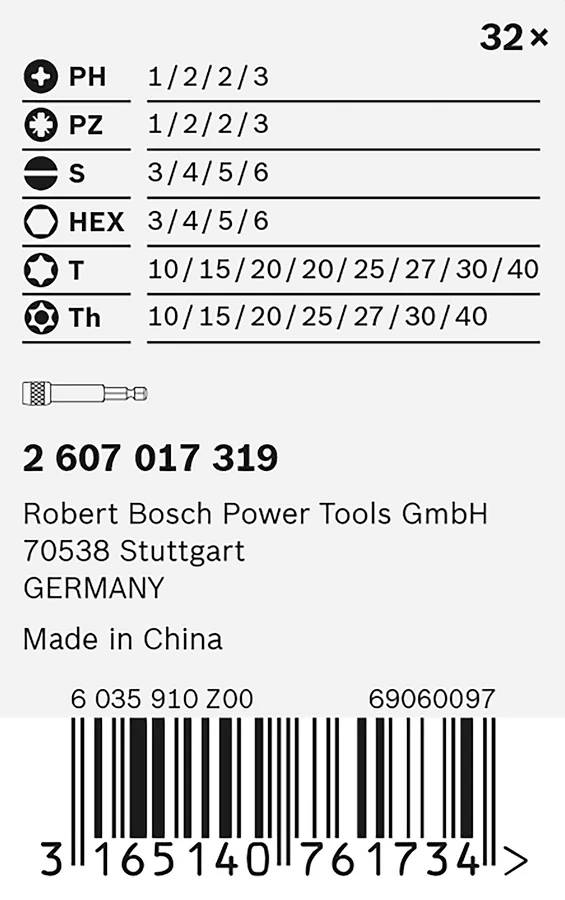 32 skruvmejselbitsar: PH, PZ, S, HEX, T, Th med storleksangivelser; Artikelnummer 2 607 017 319, Tillverkare Robert Bosch Power Tools GmbH, Tillverkad i Kina, UPC-kod nedan.