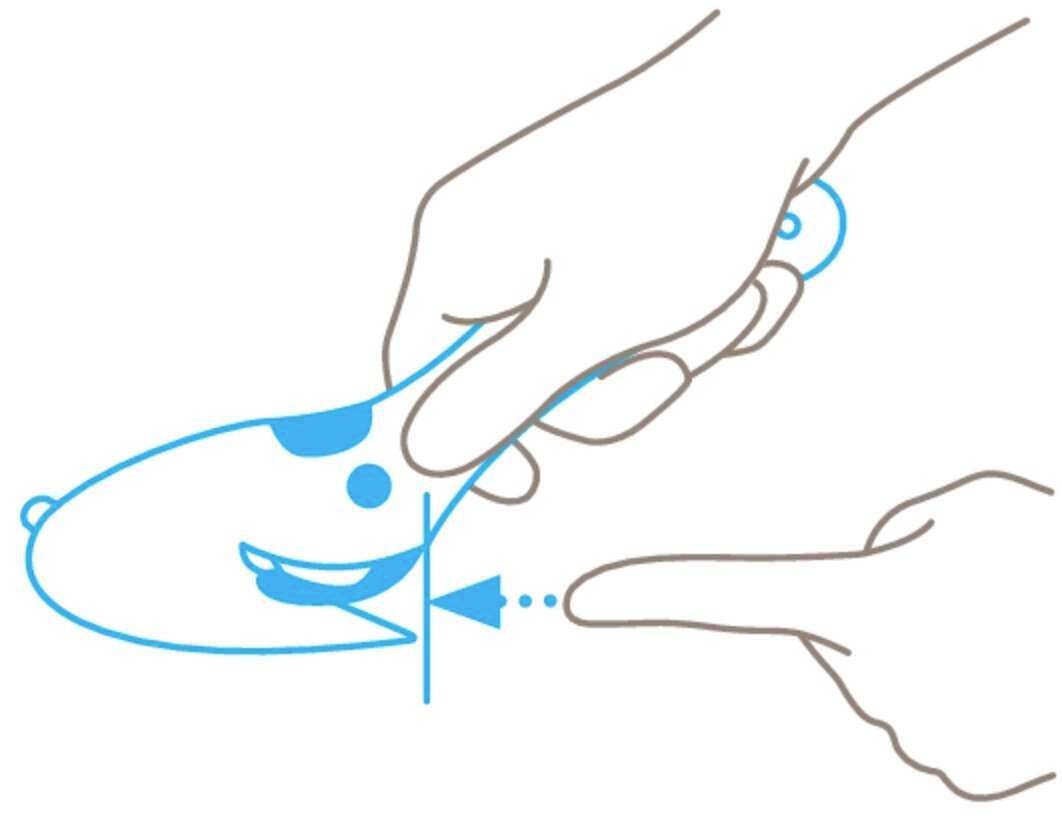 Teckningen visar en hand som håller en kniv rätt för att demonstrera ett säkert snitt med tumstöd.