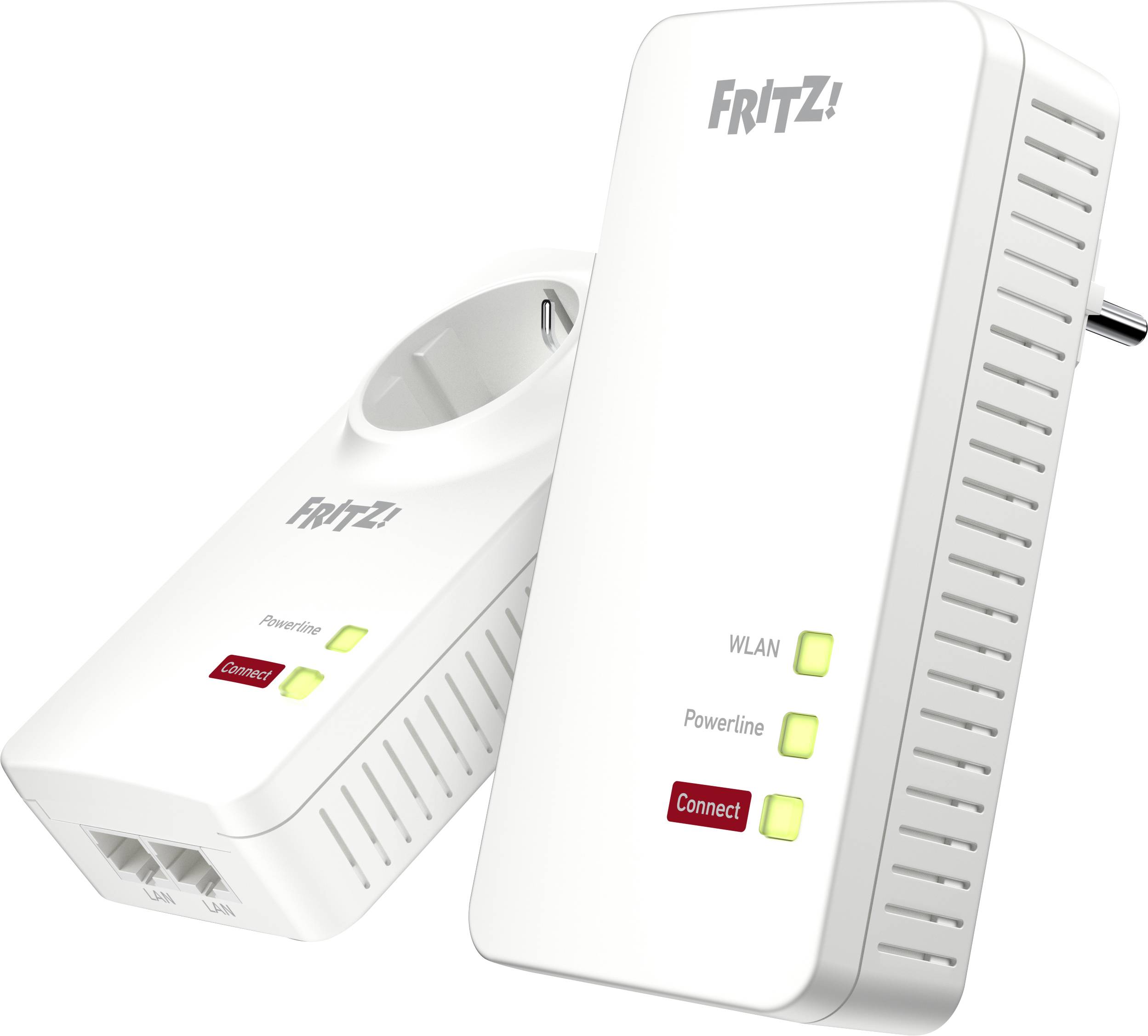 Två vita FRITZ! Powerline-adaptrar, en med eluttag. Båda har indikatorer för WLAN, Powerline och Connect. Till vänster LAN-anslutningar.