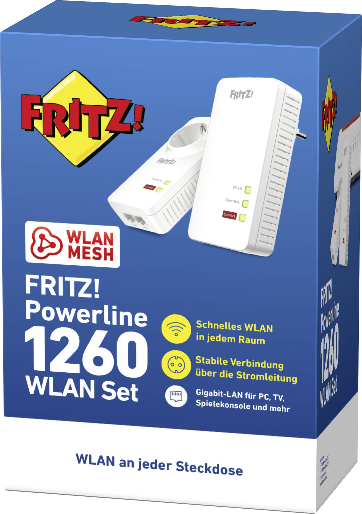 Förpackning för ett FRITZ! Powerline 1260 WLAN Set. Framhäver: 'Snabbt WiFi i varje rum', 'Stabil anslutning via elnätet'.