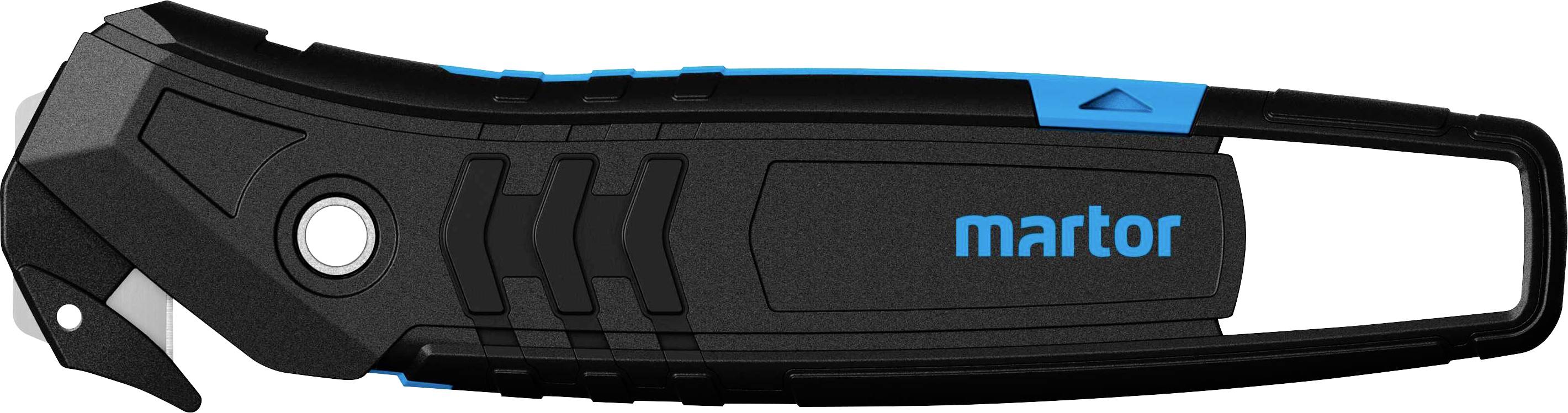 Svart säkerhetskniv med blått handtag, rundad spets och 'martor'-logotyp. Lämplig för säker skärning av material.