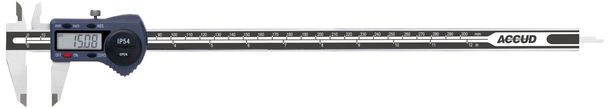 Digital skjutmått med display som visar '15.08', blått hölje och lång skala. Används för exakt längdmätning i millimeter.