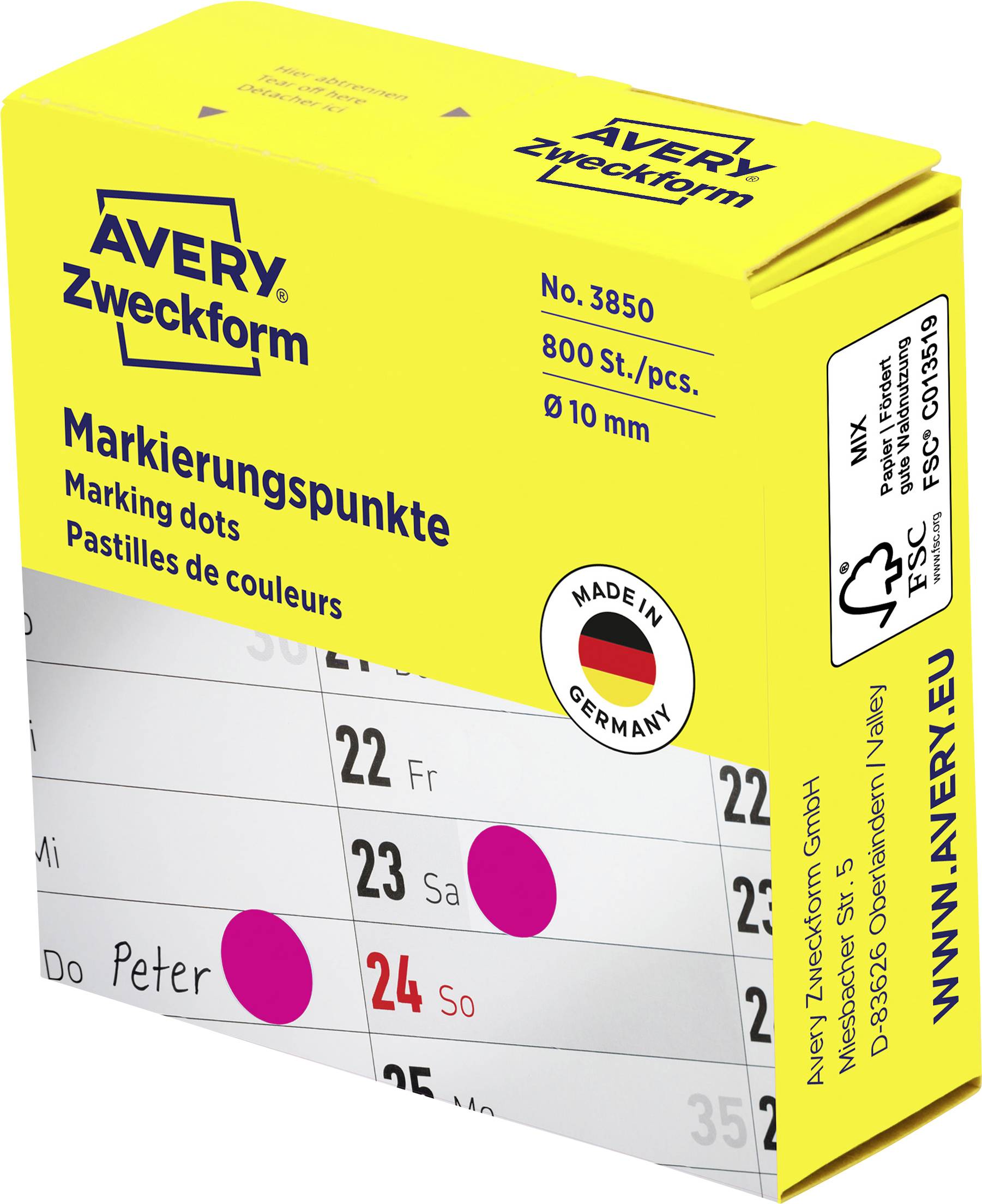 Gul Avery Zweckform-låda med markeringspunkter självhäftande prickar, nr 3850, 800 stycken, 10 mm, tillverkad i Tyskland.