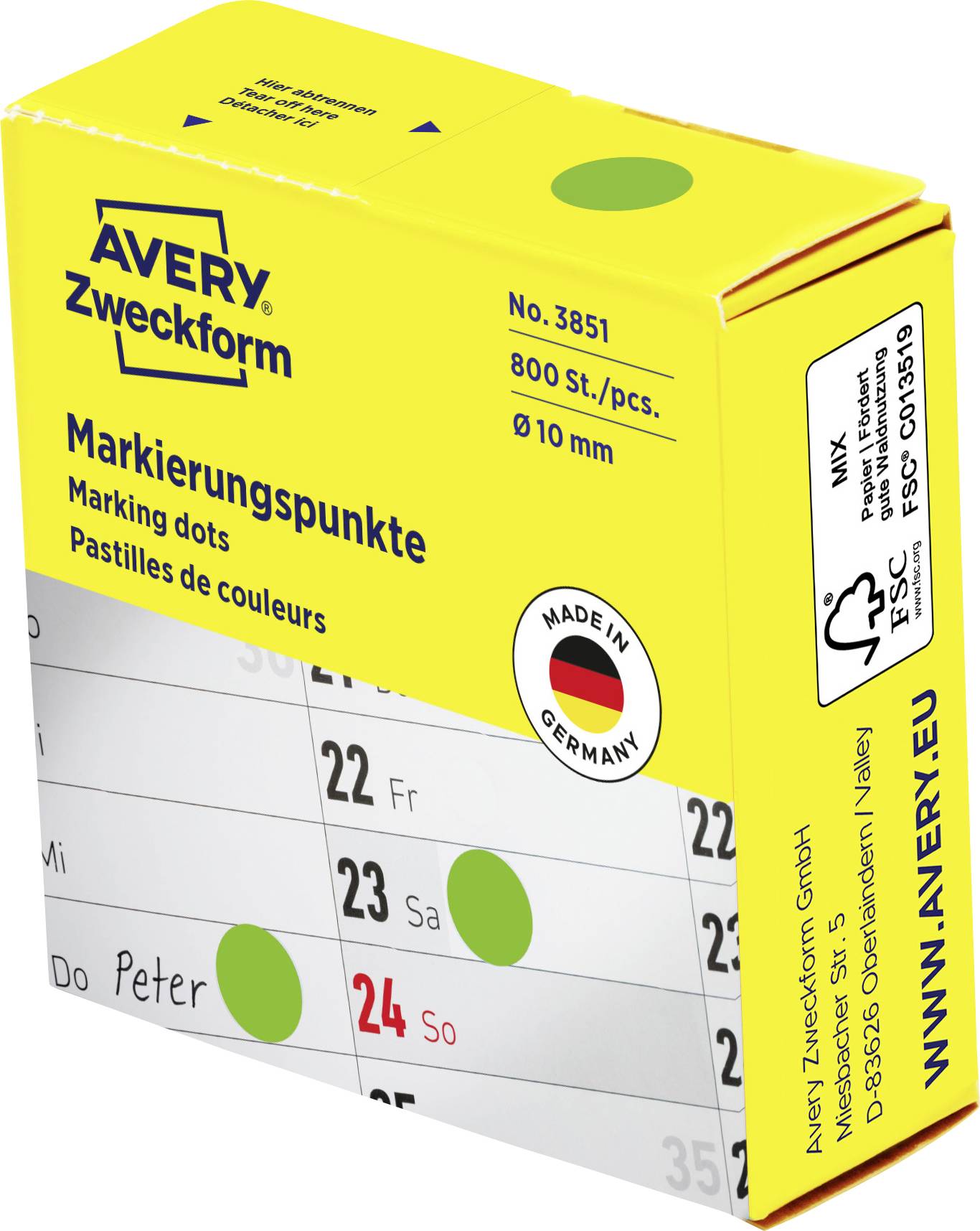 Gul Avery Zweckform-låda med 800 gröna 10 mm märkningsprickar, märkt "Nr 3851" och "Tillverkad i Tyskland".