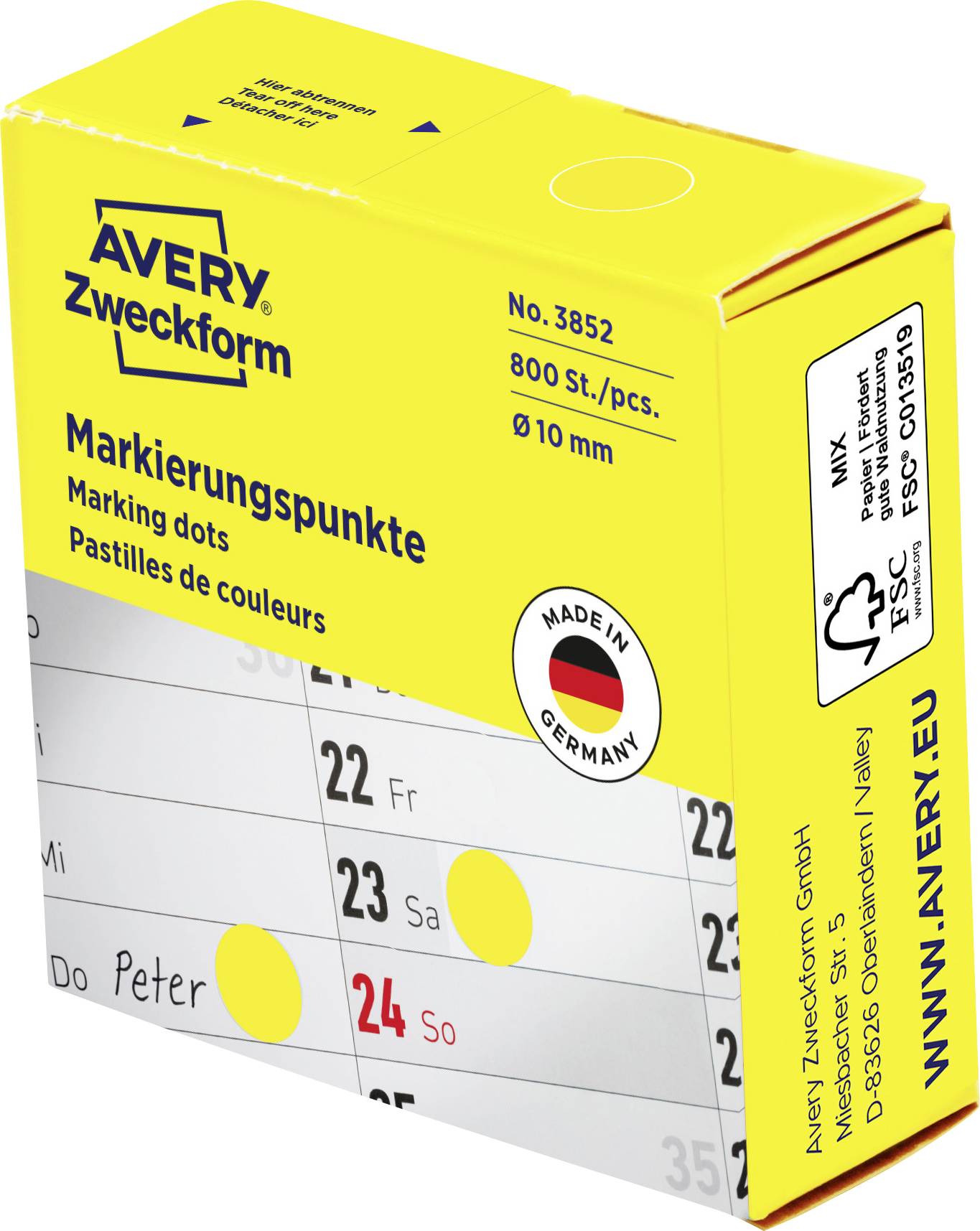 Gul Avery Zweckform-förpackning med färgade markeringsprickar, visar produktetikett "Nr 3852", "800 St./st.", "Ø 10 mm" och "Tillverkad i Tyskland".