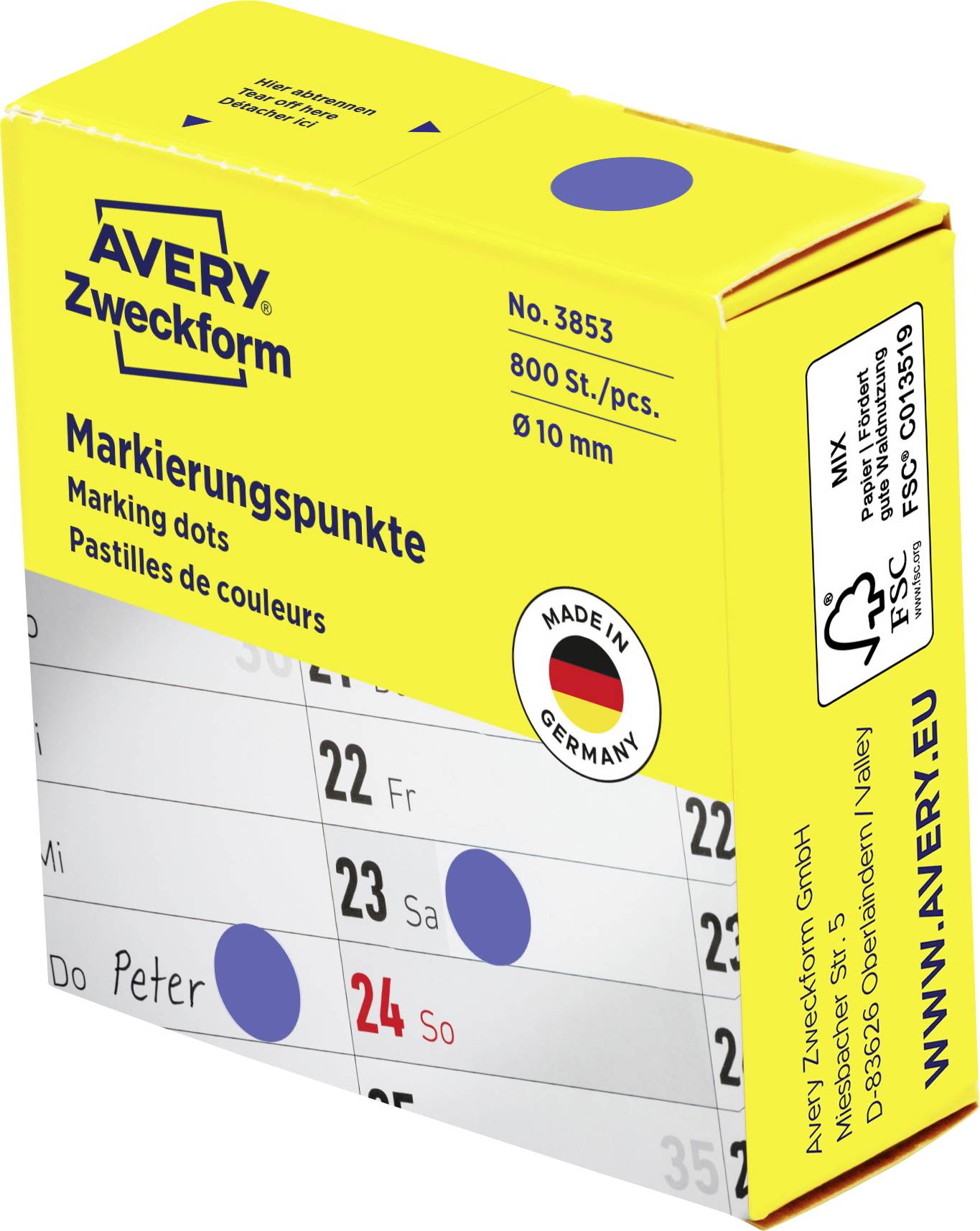 Gul Avery Zweckform låda med runda självhäftande märkningsprickar, märkt "Nr. 3853", "800 St./st." och "Ø 10 mm", med en exempelsida från en kalender som visar blå prickar.