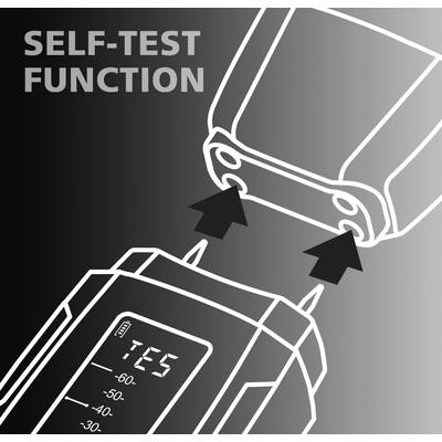 Svartvitt diagram över en enhet med självtestfunktion, visar display och anslutningar. Text: 'SJÄLVTESTFUNKTION'.