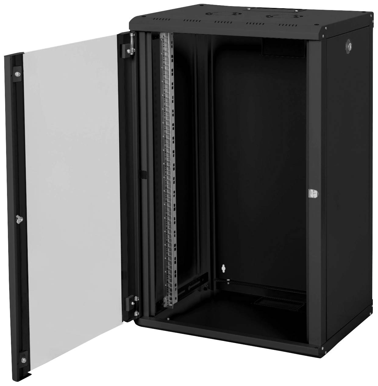 Svart serverrack med öppen dörr, visar interiör med monteringsskenor. Lämplig för nätverksenheter och kabelhantering.