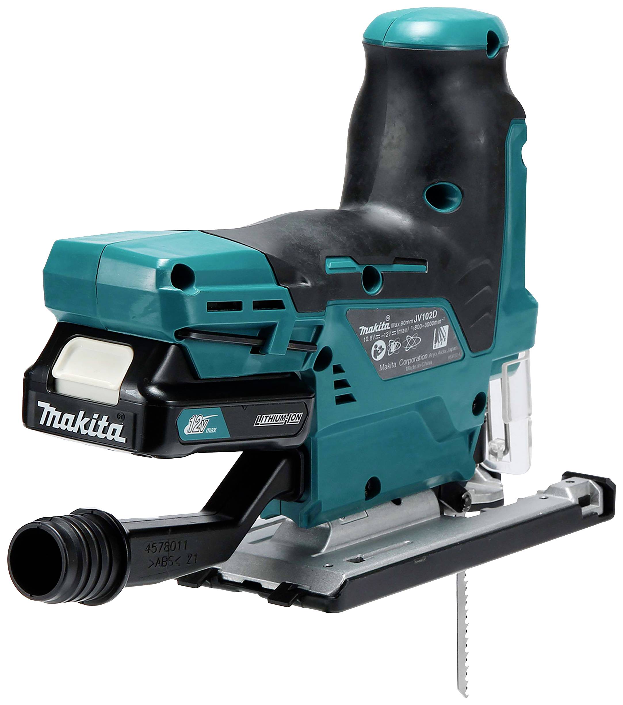 En grön och svart Makita sticksåg. Verktyget har en ergonomisk design och är avsett för hantverksmässiga skärarbeten.
