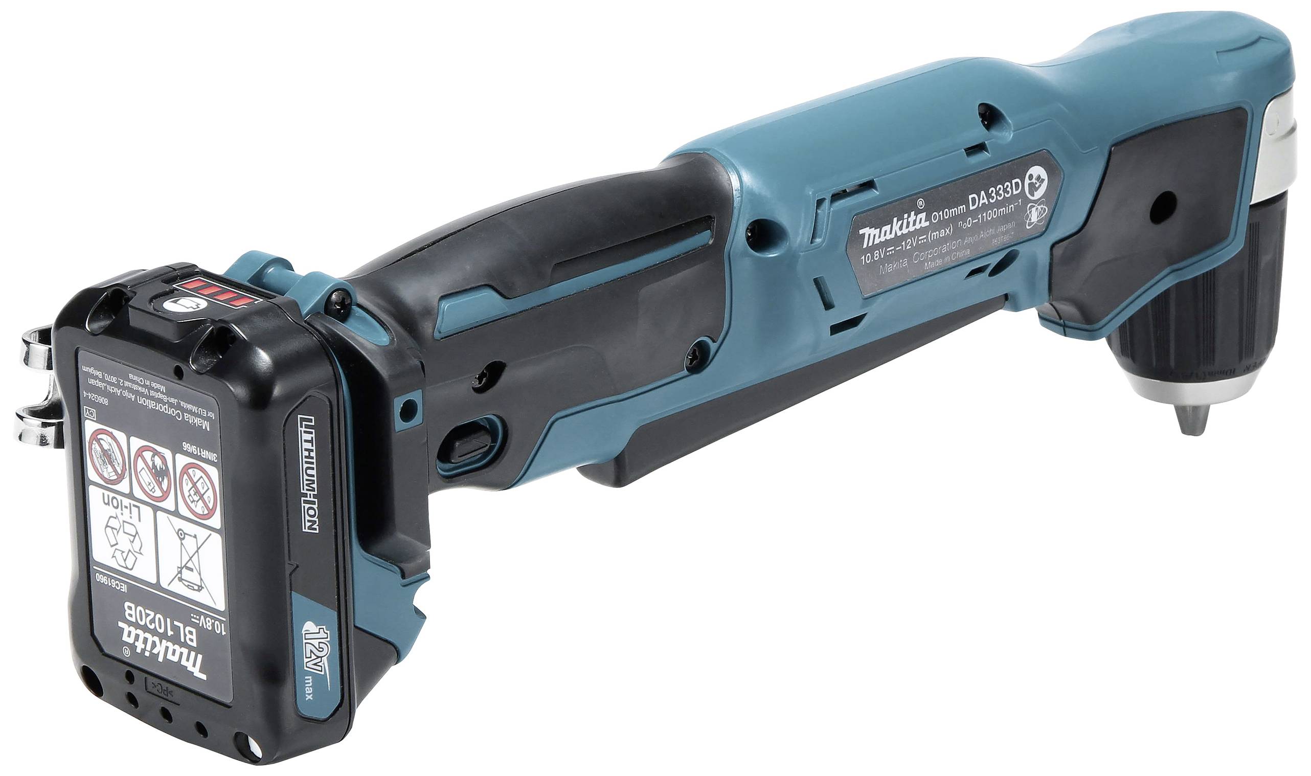 En blå batteridriven vinkelmejsel med svart handtag och löstagbart batteri, lämplig för svåråtkomliga platser.