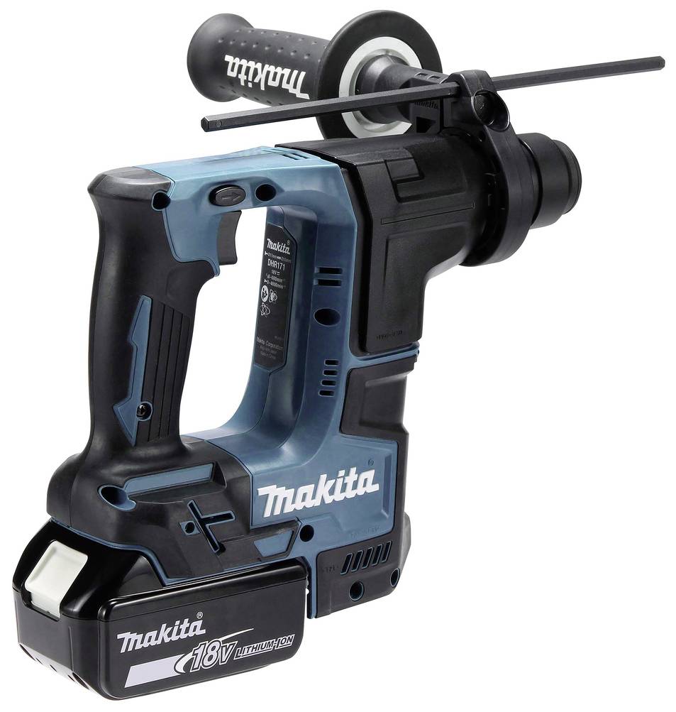 Batteridrill i blått och svart med ergonomiskt handtag och 18V litiumjonbatteri, lämplig för kraftfullt borrande och mejsling.